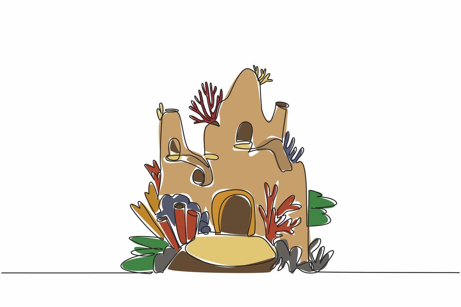 Single one line drawing houses made of coral reefs and other sea creatures. Has an important role in the sea. Habitat. Breed. World Aquatic Animal Day. Continuous line design graphic illustration vector