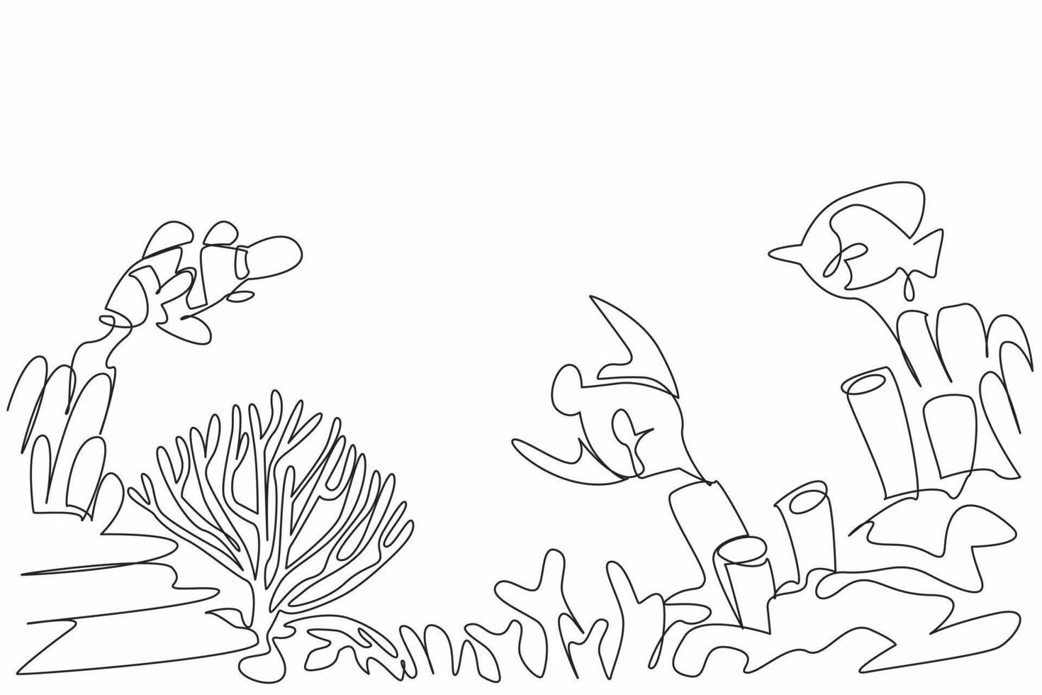 Single continuous line drawing coral reefs with a variety of fish, anemones and marine plants. Habitat of small animals in the sea. Biota. World Aquatic Animal Day. One line design illustration vector