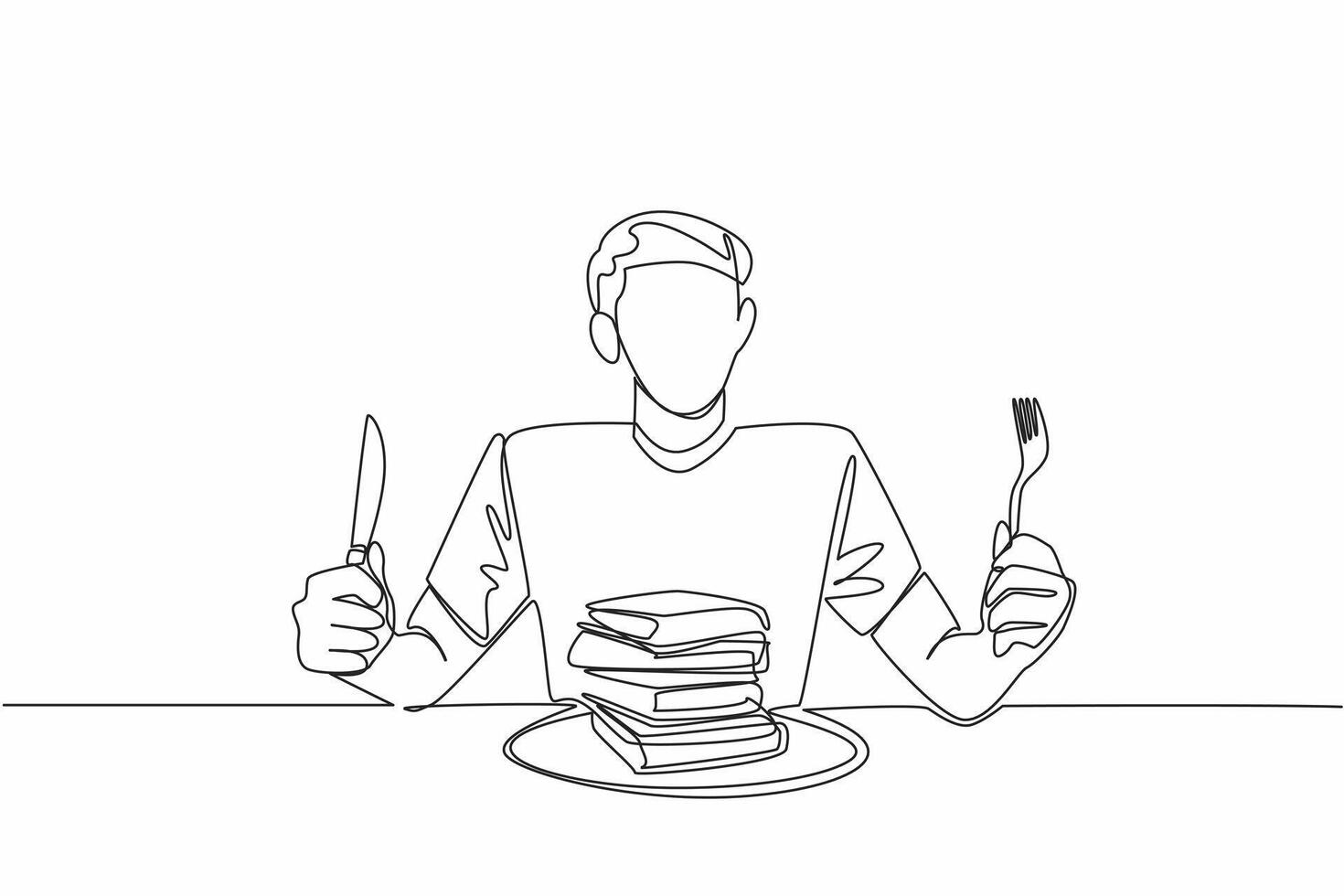 Single continuous line drawing a man in casual clothes holding a fork and knife. The hobby of reading is the same as the hobby of eating a lot. Edible Book Day. One line design illustration vector