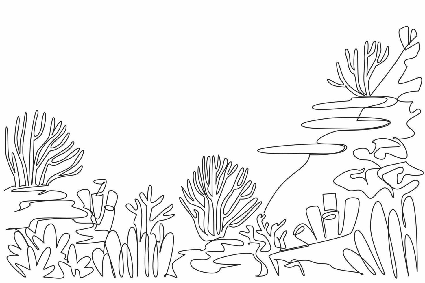 Continuous one line drawing colorful coral reefs and variety of anemones and corals. Protect coastline from erosion. Ecosystem. World Aquatic Animal Day. Single line draw design illustration vector
