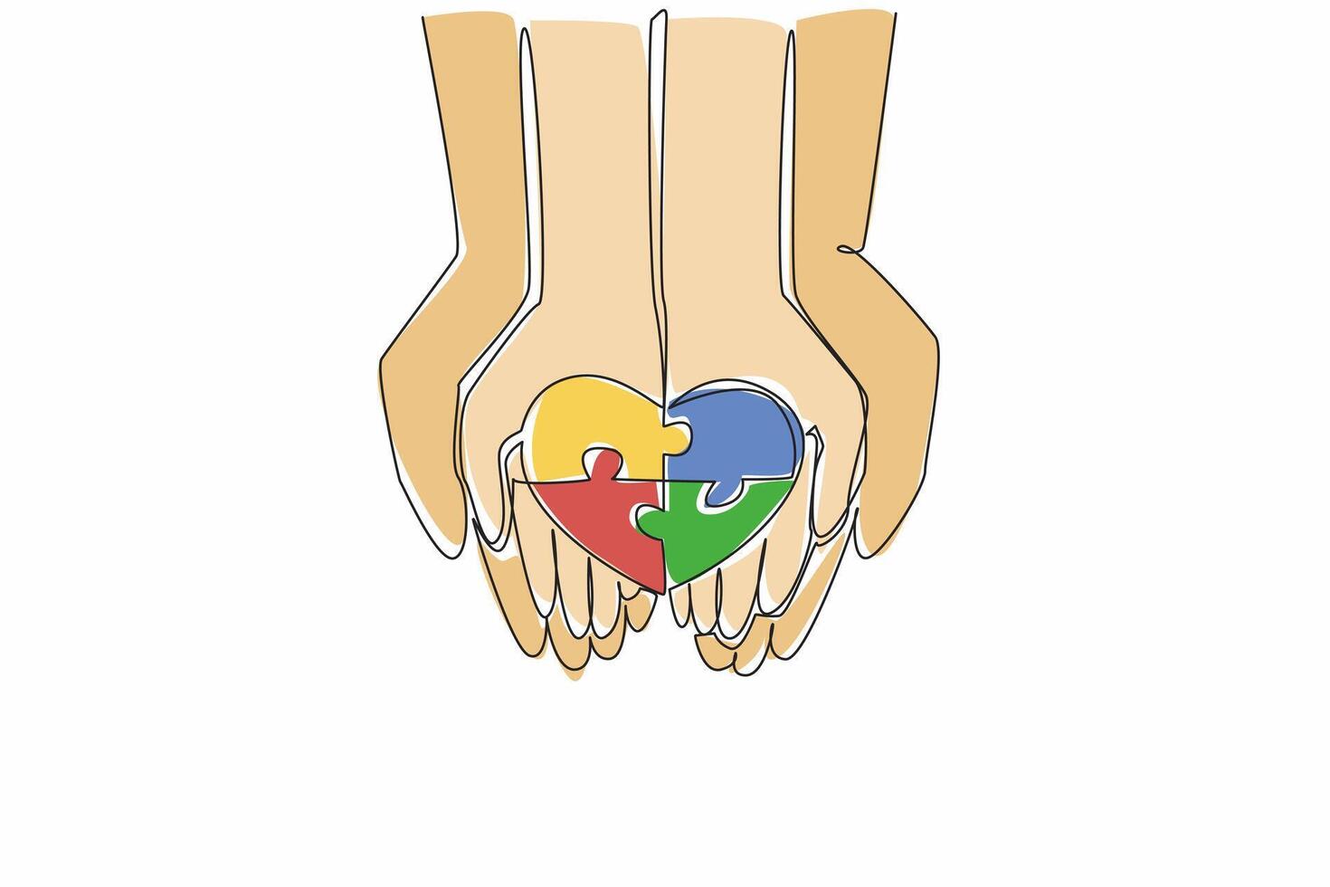 Continuous one line drawing 4 piece puzzle in the shape of love on the palm of the hand. Protect and love with all the heart. World Autism Awareness Day. Single line draw design illustration vector