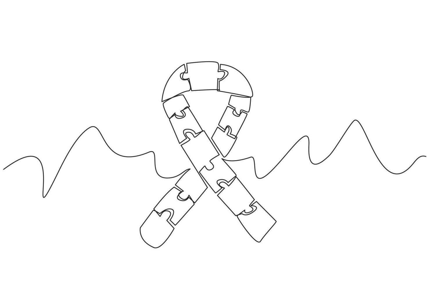 Single continuous line drawing campaign ribbon made from puzzle pieces. A form of concern for others. They need our attention. Caring. World Autism Awareness Day. One line design illustration vector