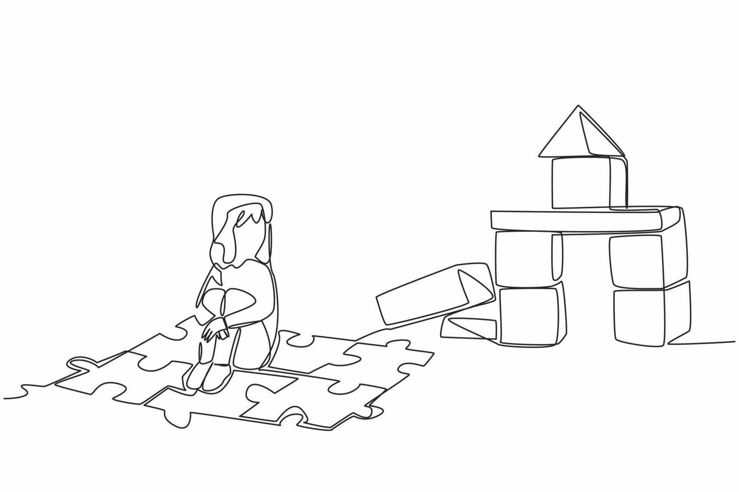 Continuous one line drawing girl sitting on a puzzle mat playing wooden blocks. Playing to kill time. Stay cheerful even alone. World Autism Awareness Day. Single line draw design illustration vector