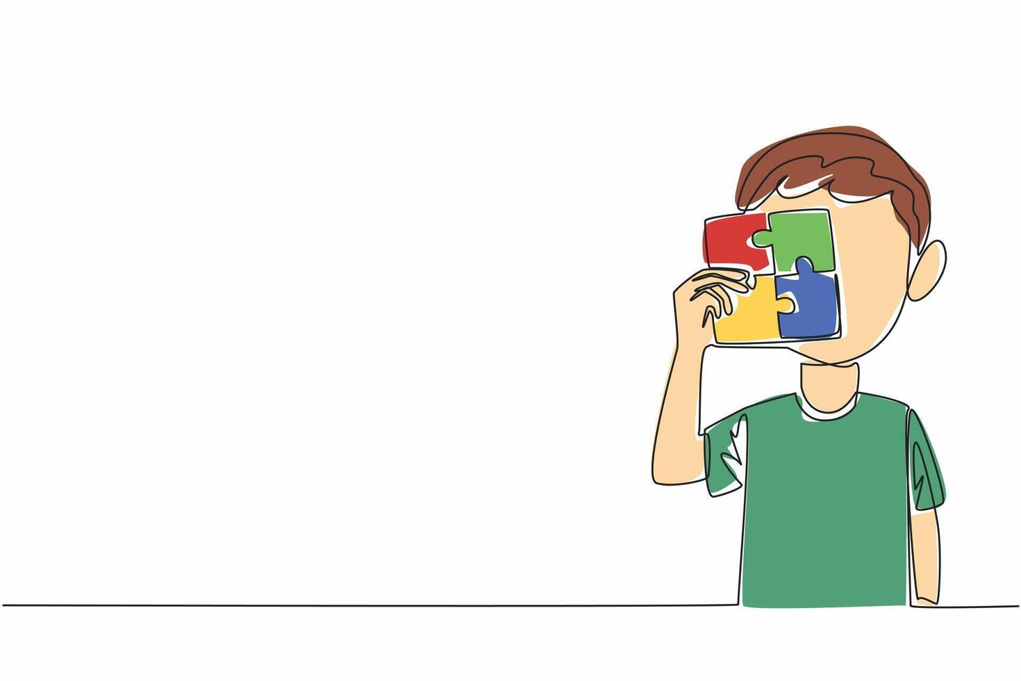 Single continuous line drawing little boy holding a 4 piece square puzzle. Colorful puzzles help to focus. Various treatment methods. World Autism Awareness Day. One line design illustration vector