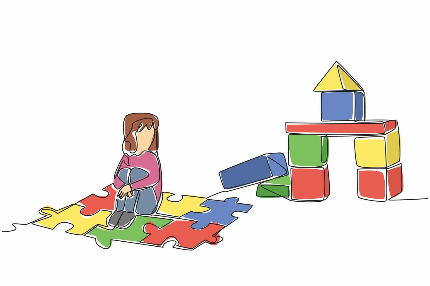 Continuous one line drawing girl sitting on a puzzle mat playing wooden blocks. Playing to kill time. Stay cheerful even alone. World Autism Awareness Day. Single line draw design illustration vector