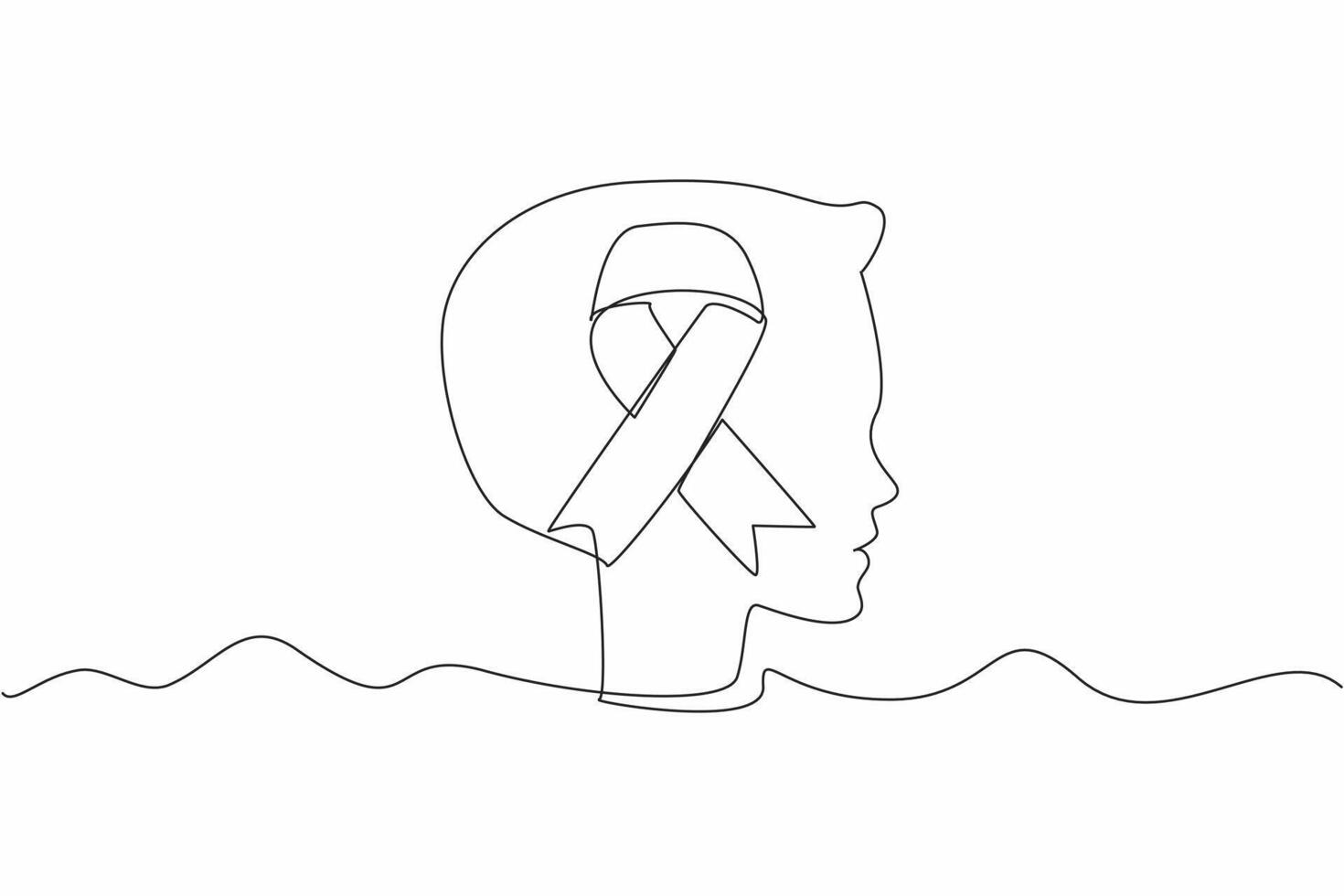 Single one line drawing green ribbon in middle of the head silhouette of child. Brain disorders. Abnormal growth. National Cerebral Palsy Awareness Month. Continuous line design graphic illustration vector