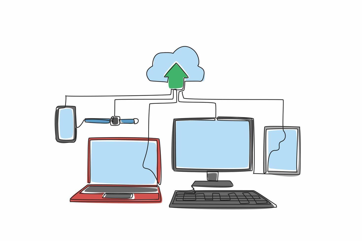 Continuous one line drawing some gadget devices upload data to the cloud. Very easy storage media. Confidential. Important. Cloud server. World Backup Day. Single line draw design illustration vector