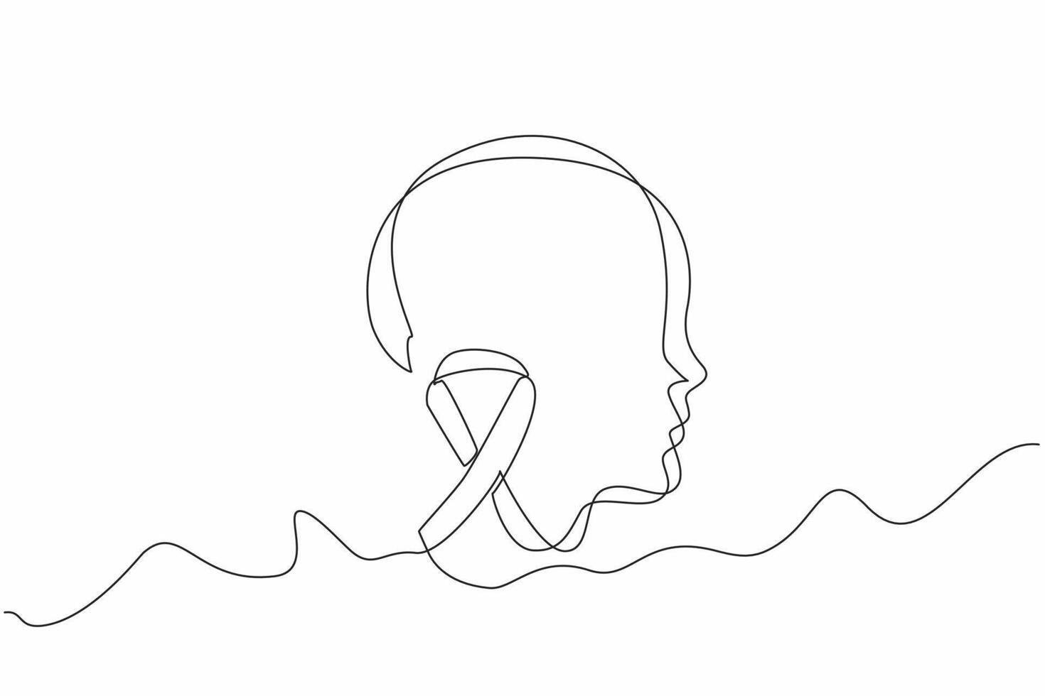 Single continuous line drawing the green ribbon and head silhouette of child. Developmental disorders. Care about them. National Cerebral Palsy Awareness Month. One line design illustration vector