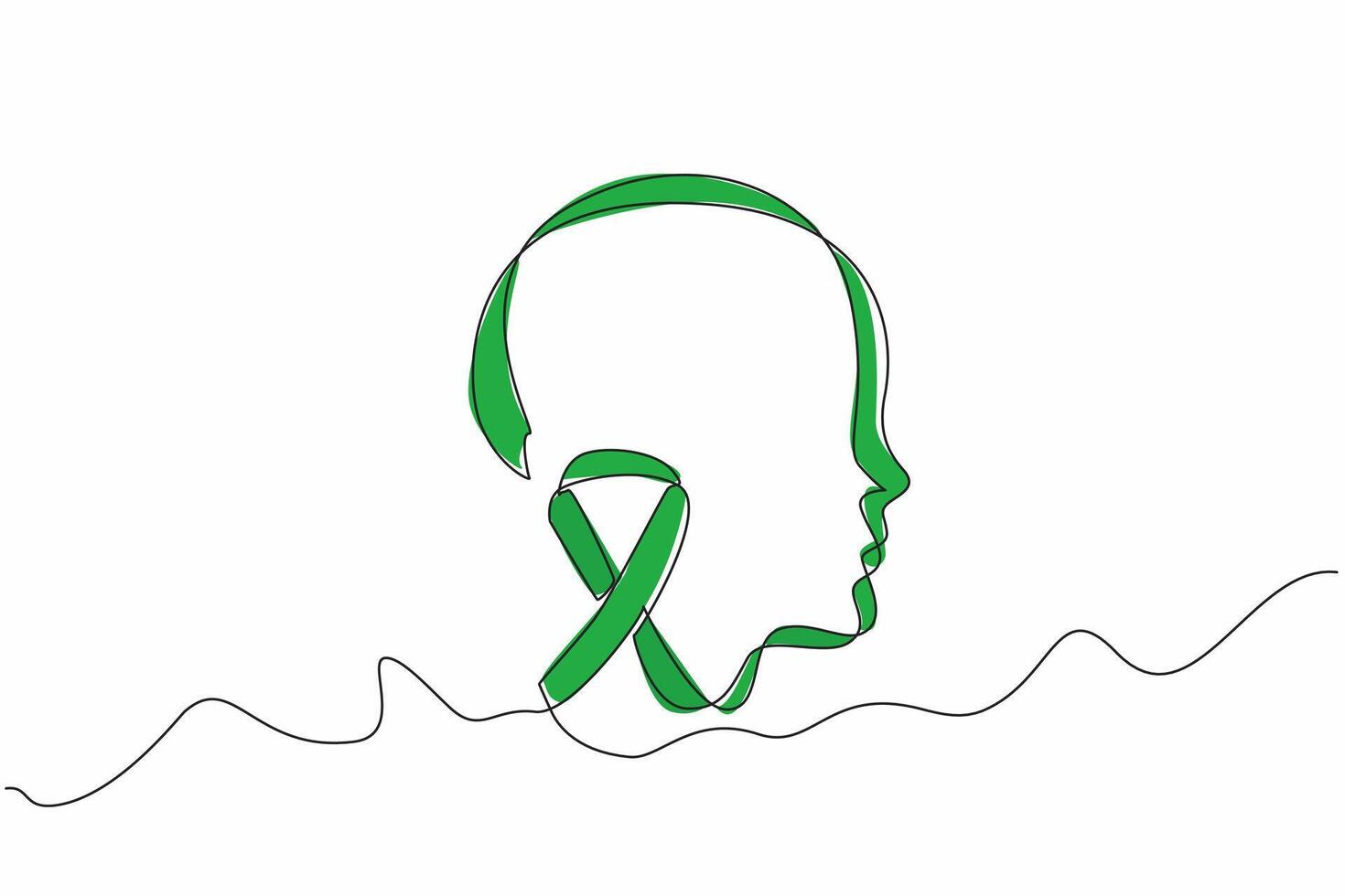 Single continuous line drawing the green ribbon and head silhouette of child. Developmental disorders. Care about them. National Cerebral Palsy Awareness Month. One line design illustration vector