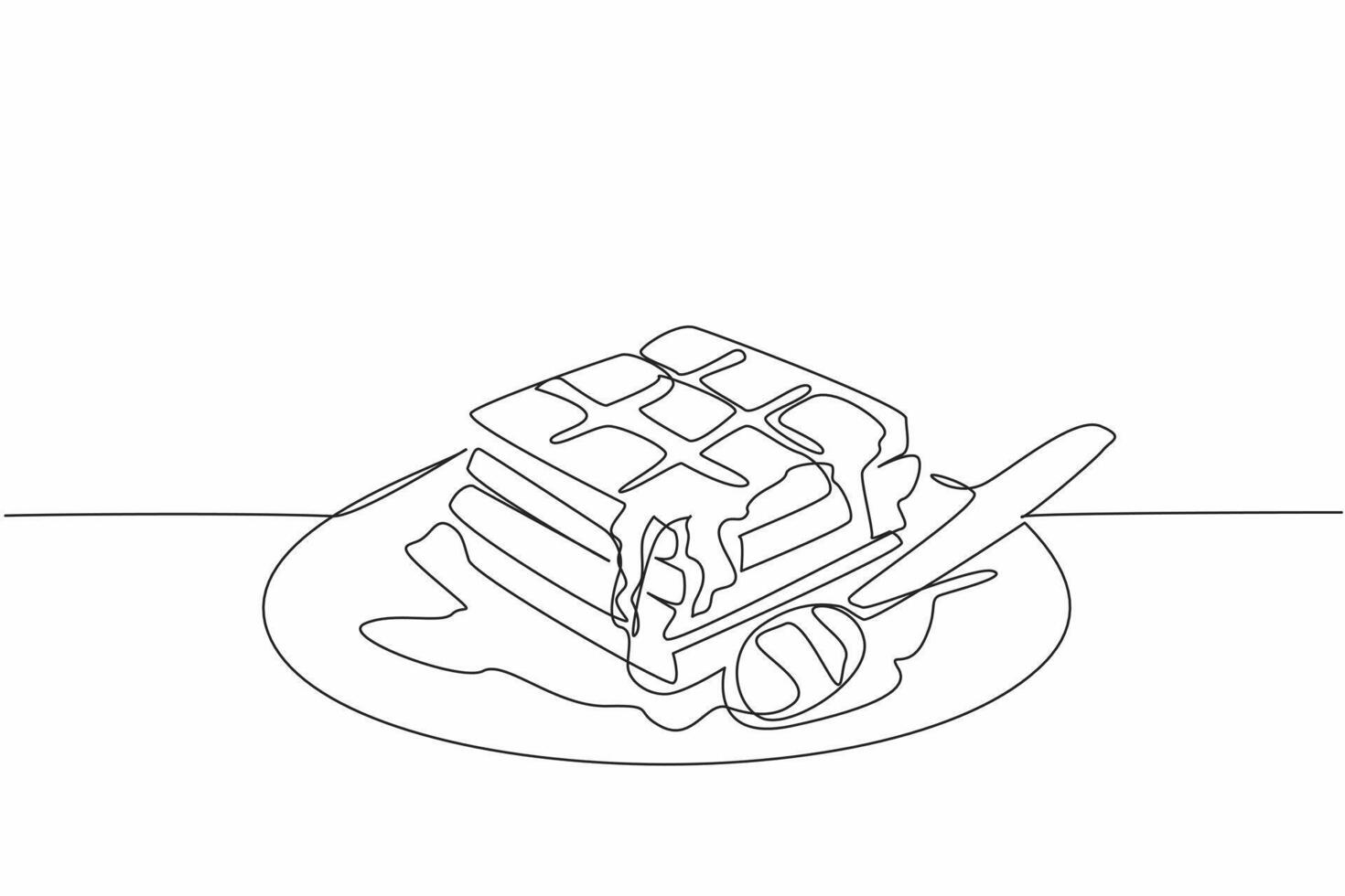 Continuous one line drawing a square waffle dish drizzled with honey. Appetizing food. Delicious. Sweet. Crunchy. Savory. Tasty. International Waffle Day. Single line draw design illustration vector