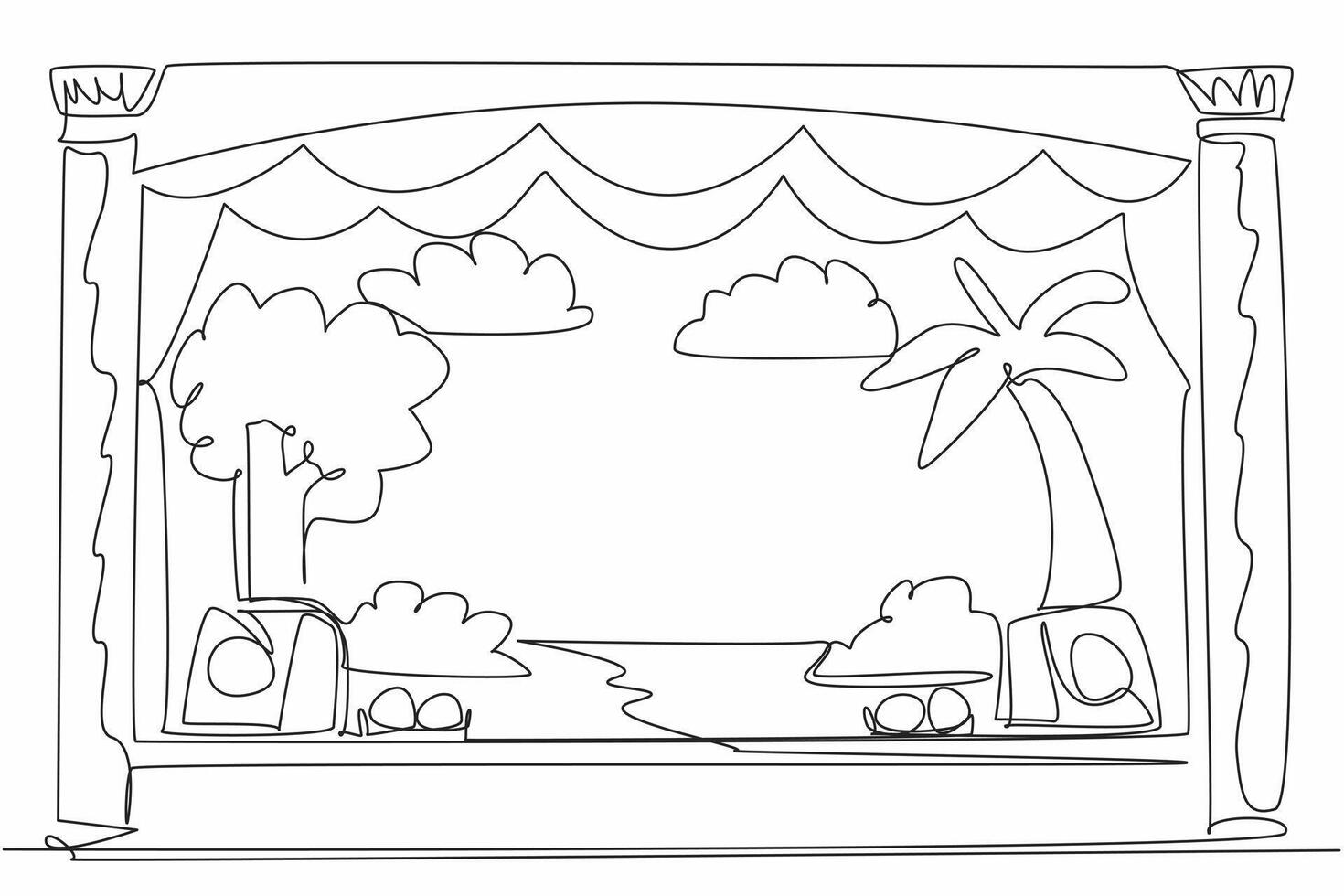 Single one line drawing theater stage with complete setting. Role play with a tropical theme. Enlivens the atmosphere for the audience. World Theatre Day. Continuous line design graphic illustration vector