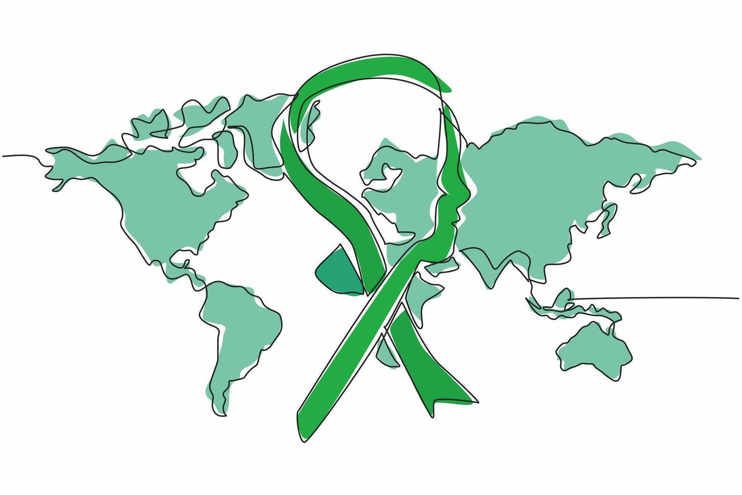 Single one line drawing green ribbon whose center circle forms silhouette of the head. Raise awareness globally. National Cerebral Palsy Awareness Month. Continuous line design graphic illustration vector