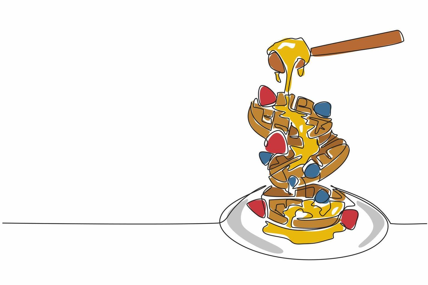 Single continuous line drawing round stacked waffles floating on a round plate. Pour honey for a more delicious taste sensation. Savory. International Waffle Day. One line design illustration vector