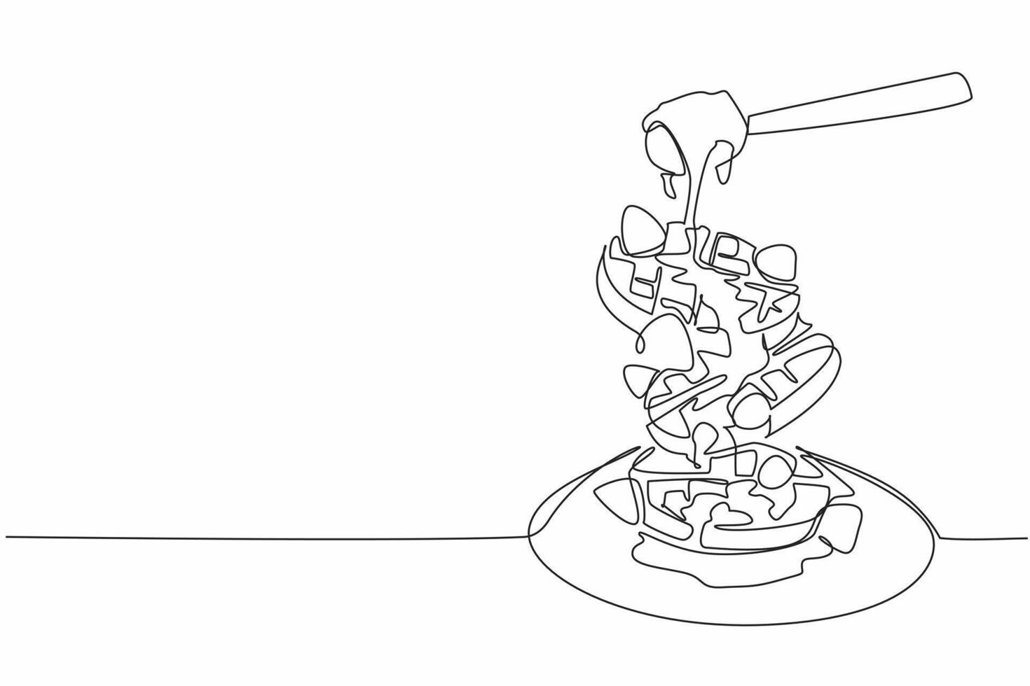 Single continuous line drawing round stacked waffles floating on a round plate. Pour honey for a more delicious taste sensation. Savory. International Waffle Day. One line design illustration vector