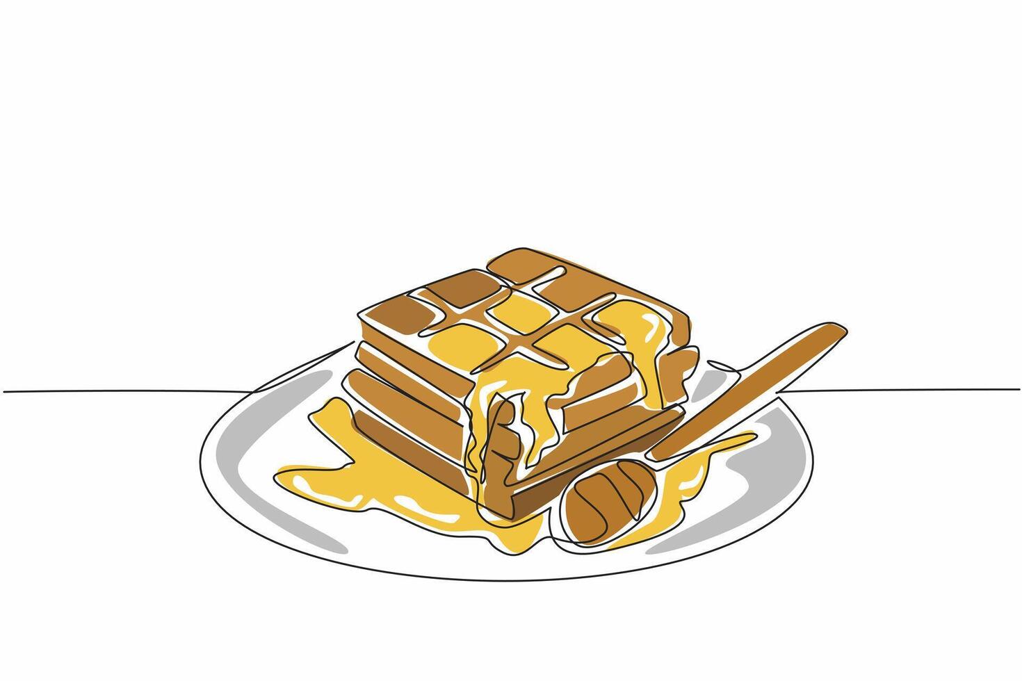 Continuous one line drawing a square waffle dish drizzled with honey. Appetizing food. Delicious. Sweet. Crunchy. Savory. Tasty. International Waffle Day. Single line draw design illustration vector