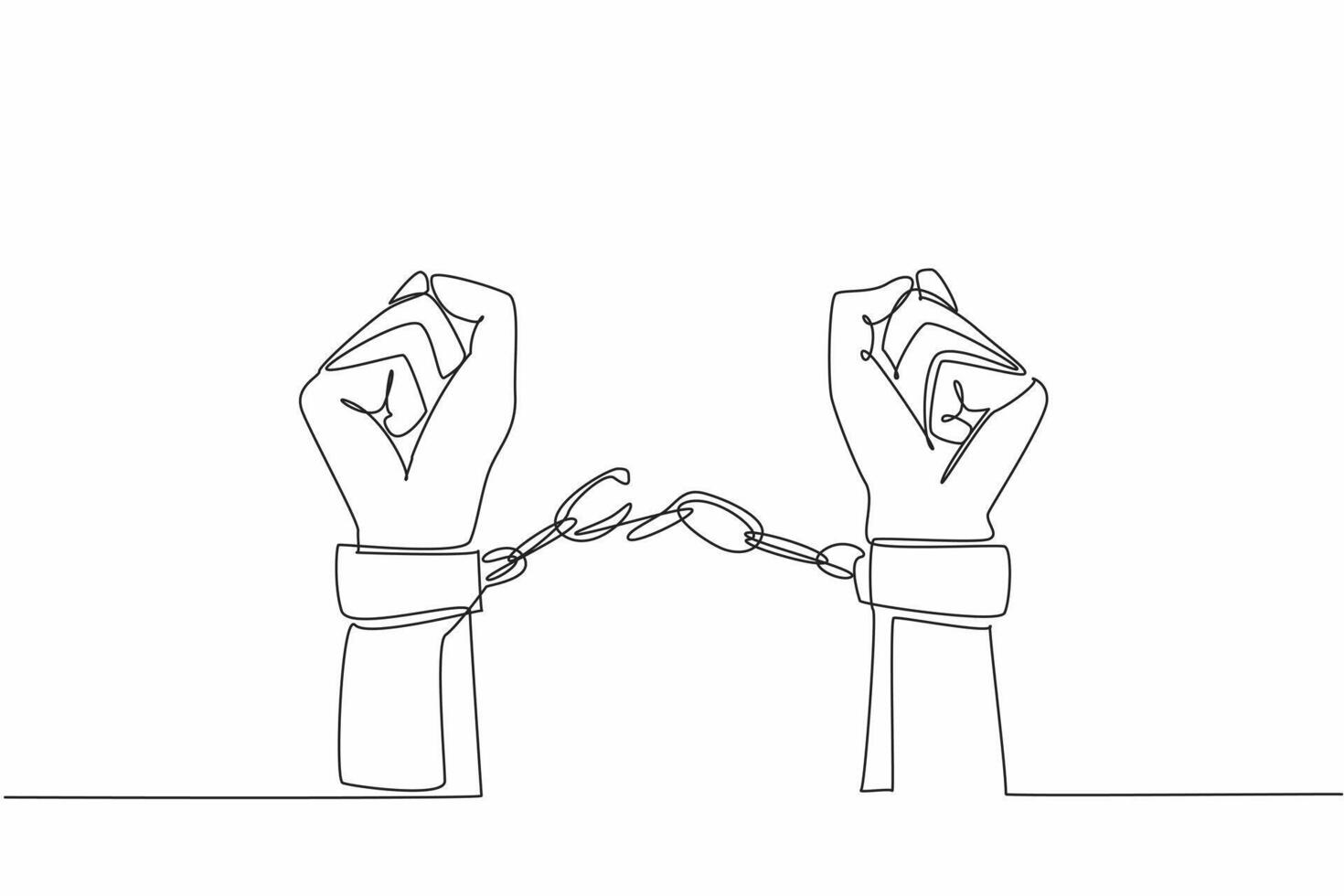 Single continuous line drawing hands free from shackles. Fight against injustice. Restore the dignity of victims. Put up resistance. Sue human rights violators. One line design illustration vector
