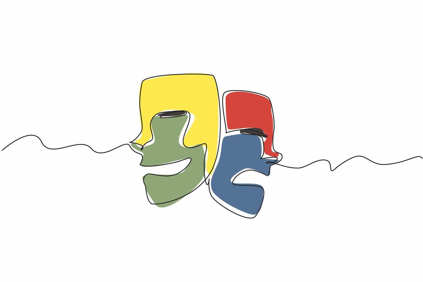 Continuous one line drawing two theater masks with different expressions. Role-playing entertainment stage. Playing different characters. World Theatre Day. Single line draw design illustration vector