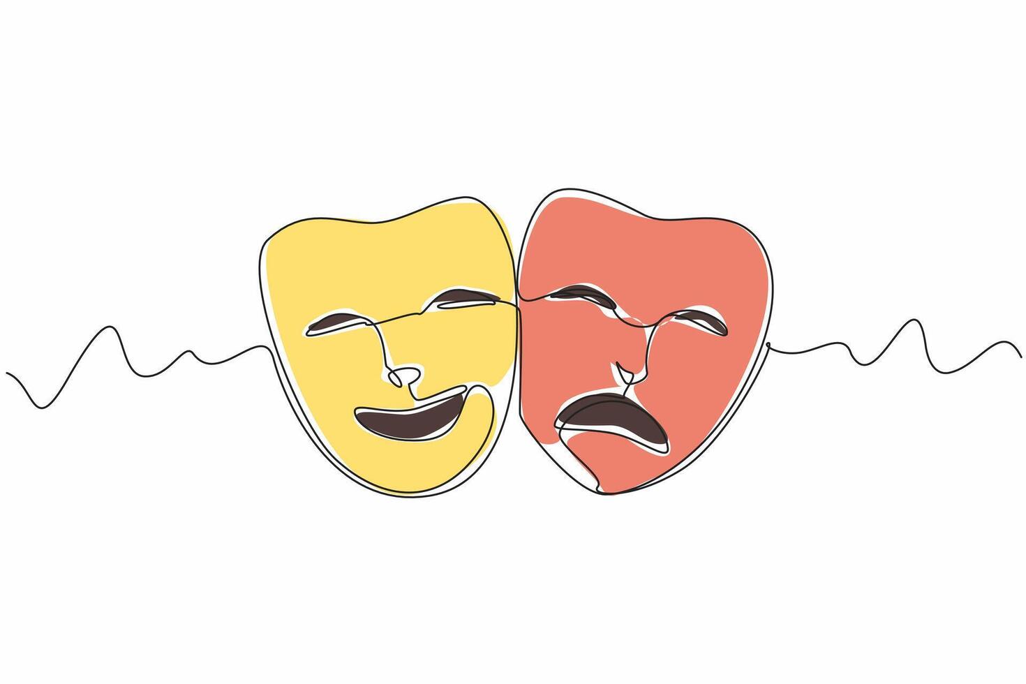 Continuous one line drawing two theater masks. Smiling and angry. On a theatrical stage full of drama. Playing a role to entertain. World Theatre Day. Single line draw design illustration vector