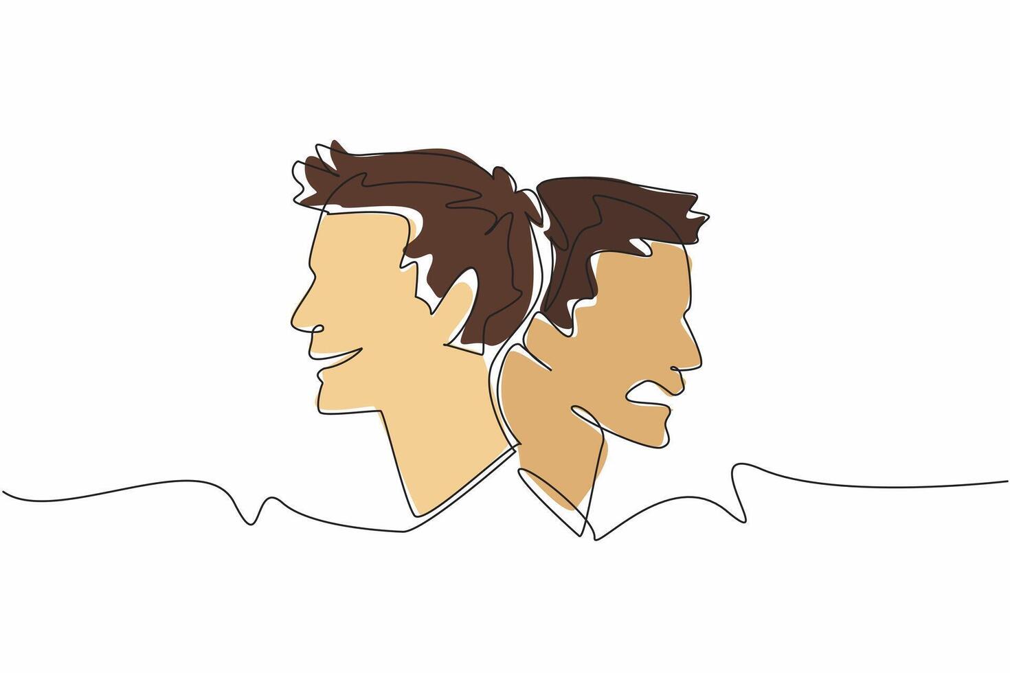 Single one line drawing two heads with different responses. Smiling and angry. Like having multiple personalities. Needs expert help. World Bipolar Day. Continuous line design graphic illustration vector