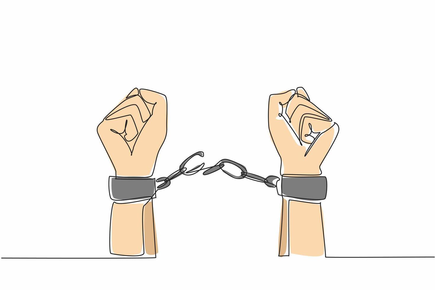 Single continuous line drawing hands free from shackles. Fight against injustice. Restore the dignity of victims. Put up resistance. Sue human rights violators. One line design illustration vector