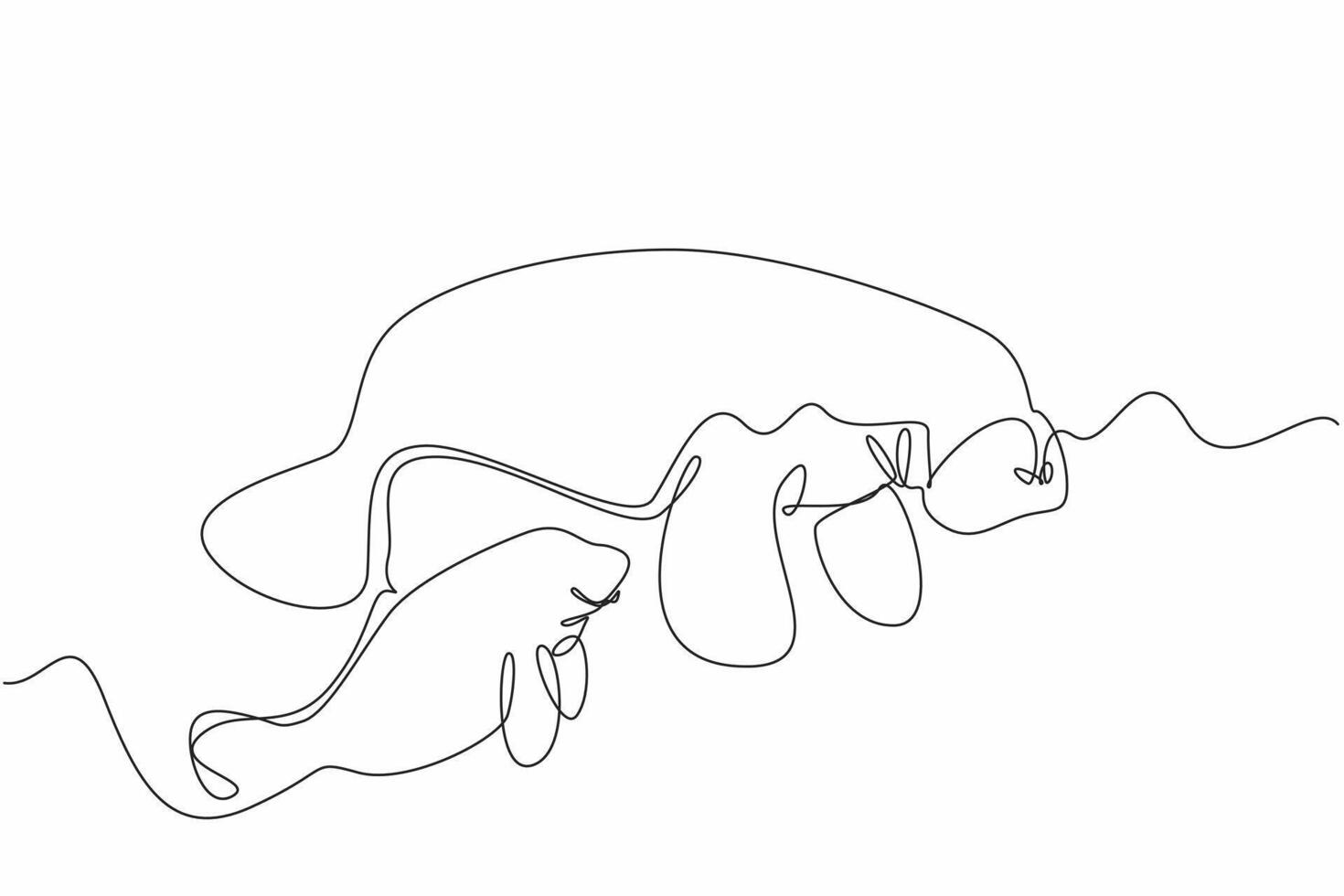 Single continuous line drawing a mother manatee is swimming with her baby. underwater scene. preserving marine ecosystems. Maternal care. Manatee Appreciation Day. One line design illustration vector