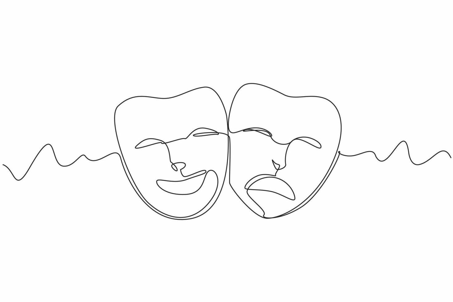 Continuous one line drawing two theater masks. Smiling and angry. On a theatrical stage full of drama. Playing a role to entertain. World Theatre Day. Single line draw design illustration vector