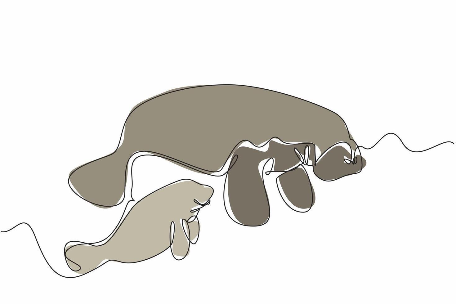 Single continuous line drawing a mother manatee is swimming with her baby. underwater scene. preserving marine ecosystems. Maternal care. Manatee Appreciation Day. One line design illustration vector
