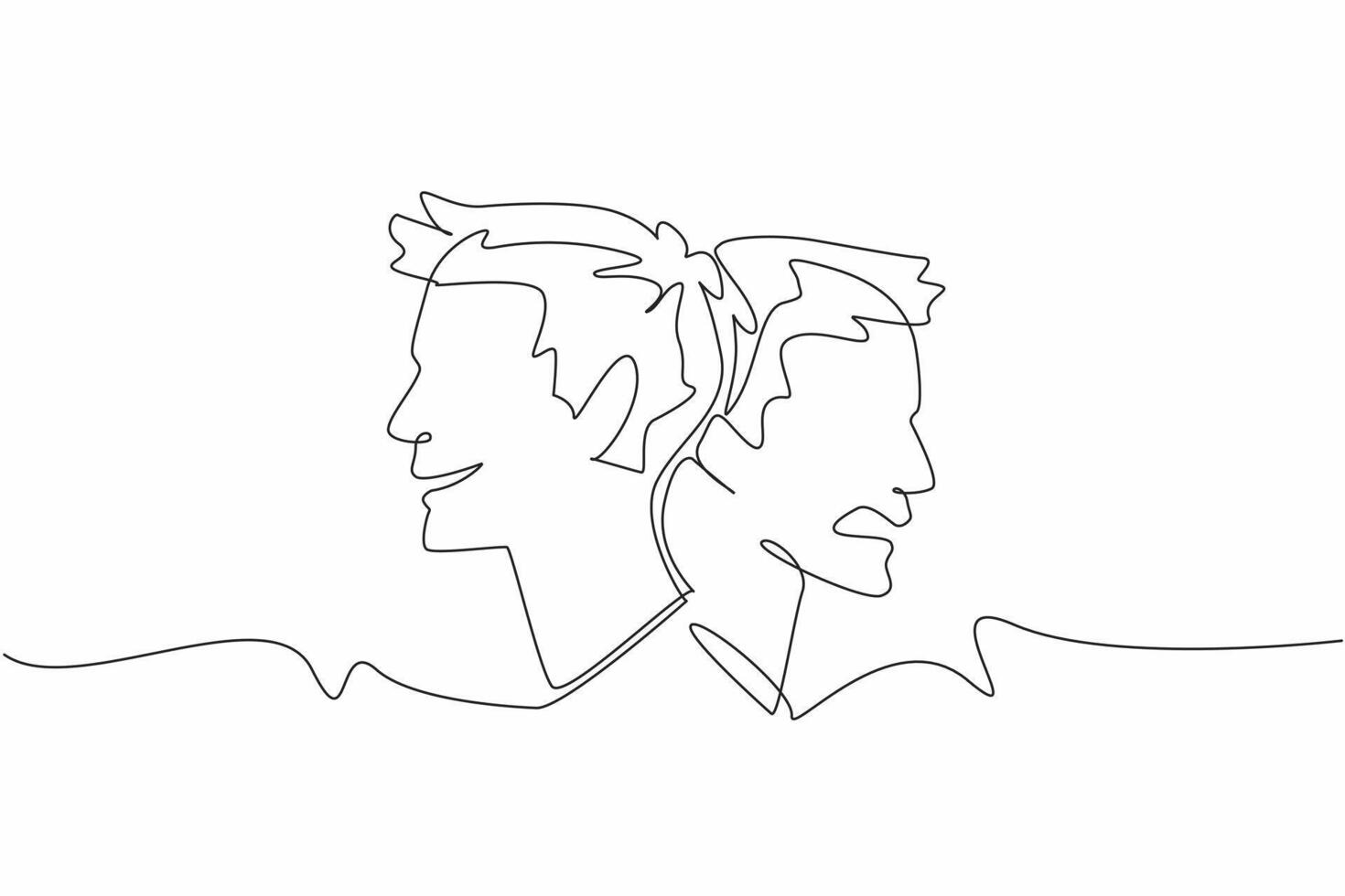 Single one line drawing two heads with different responses. Smiling and angry. Like having multiple personalities. Needs expert help. World Bipolar Day. Continuous line design graphic illustration vector