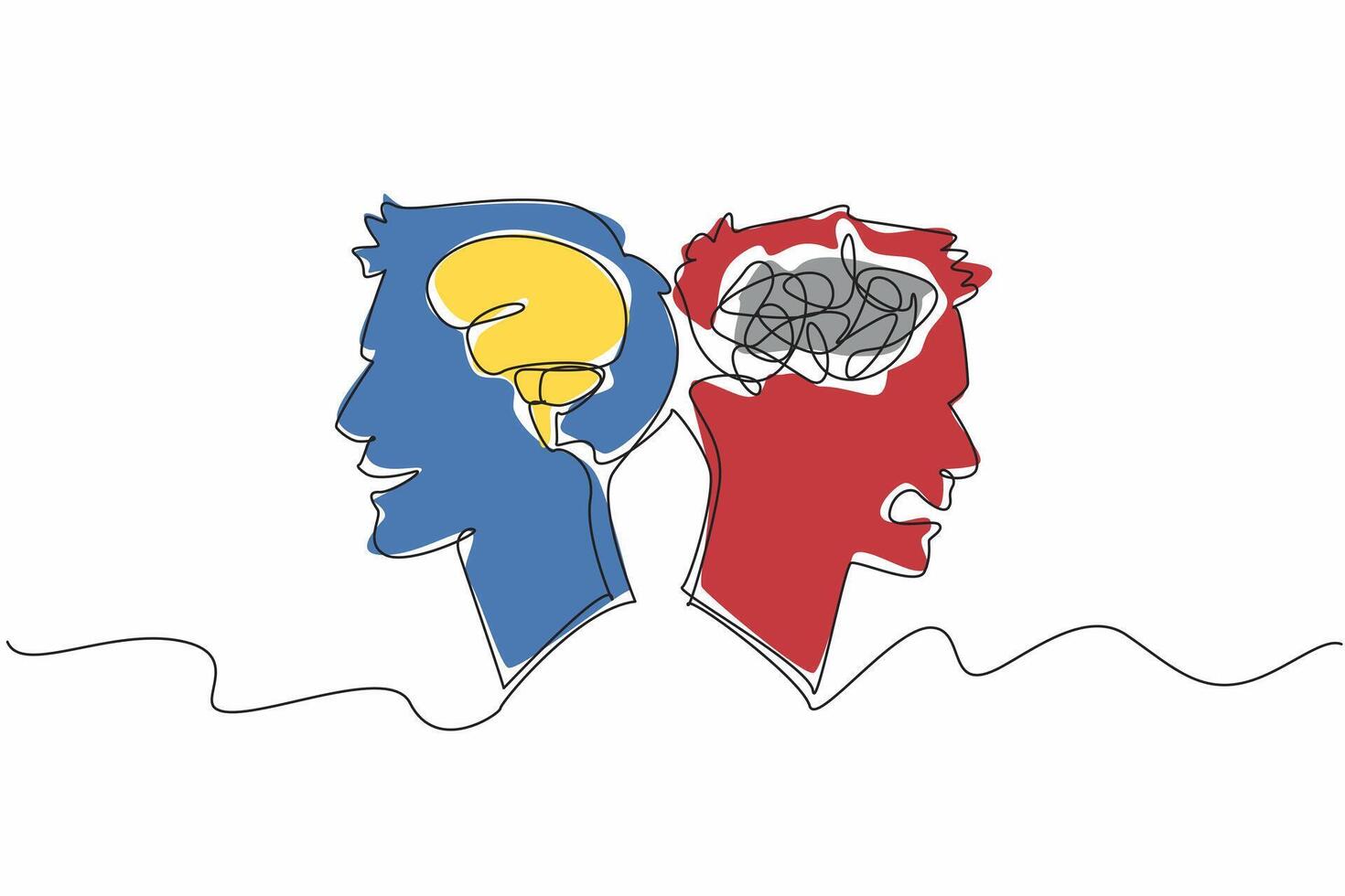Continuous one line drawing two heads with different emotions. Expression of feelings, depends on what is in the head. Brain as a system. World Bipolar Day. Single line draw design illustration vector