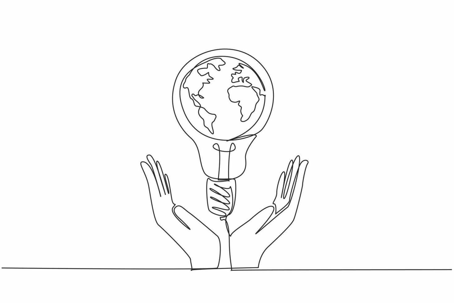 Single continuous line drawing bulb lamp is in the middle of the two open arms. Global movement to care more about the fate of the earth. Electric. Earth Hour Day. One line design illustration vector