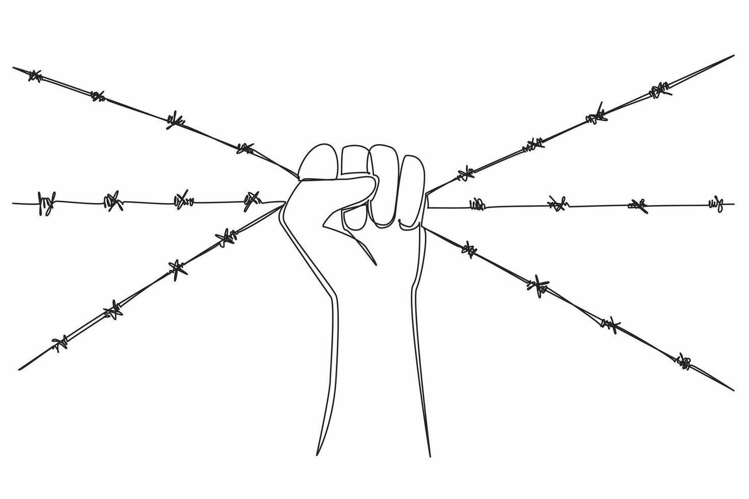 Single continuous line drawing hands holding barbed wire. It's gone beyond the limit. Move to fight. Demand the equality. Strong and just. Restoring the dignity. One line design illustration vector