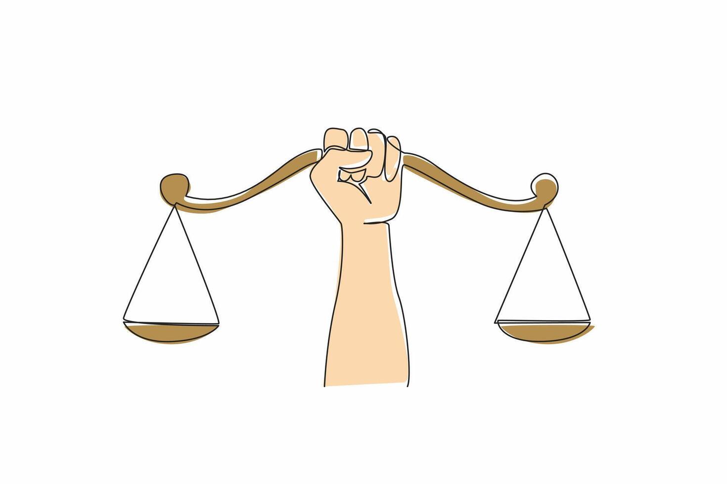 Continuous one line drawing hands gripping the center of the scale. Demanding a sense of justice. Social justice is a right for all people. Balance. Equal. Single line draw design illustration vector