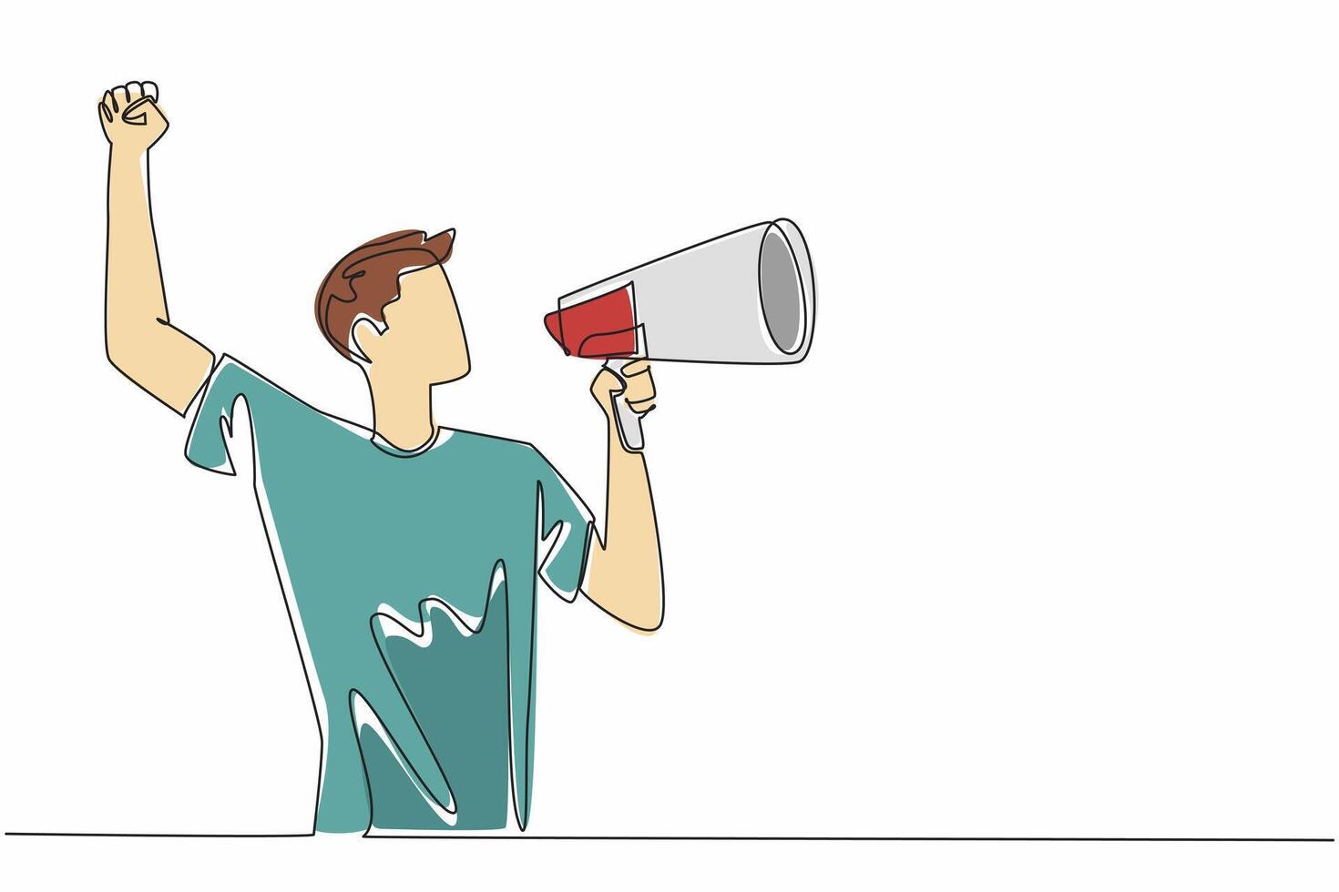 Continuous one line drawing man in casual clothes giving speech holding megaphone. Raising spirits. Dare to fight injustice. Symbol of resistance. Rights. Single line draw design illustration vector