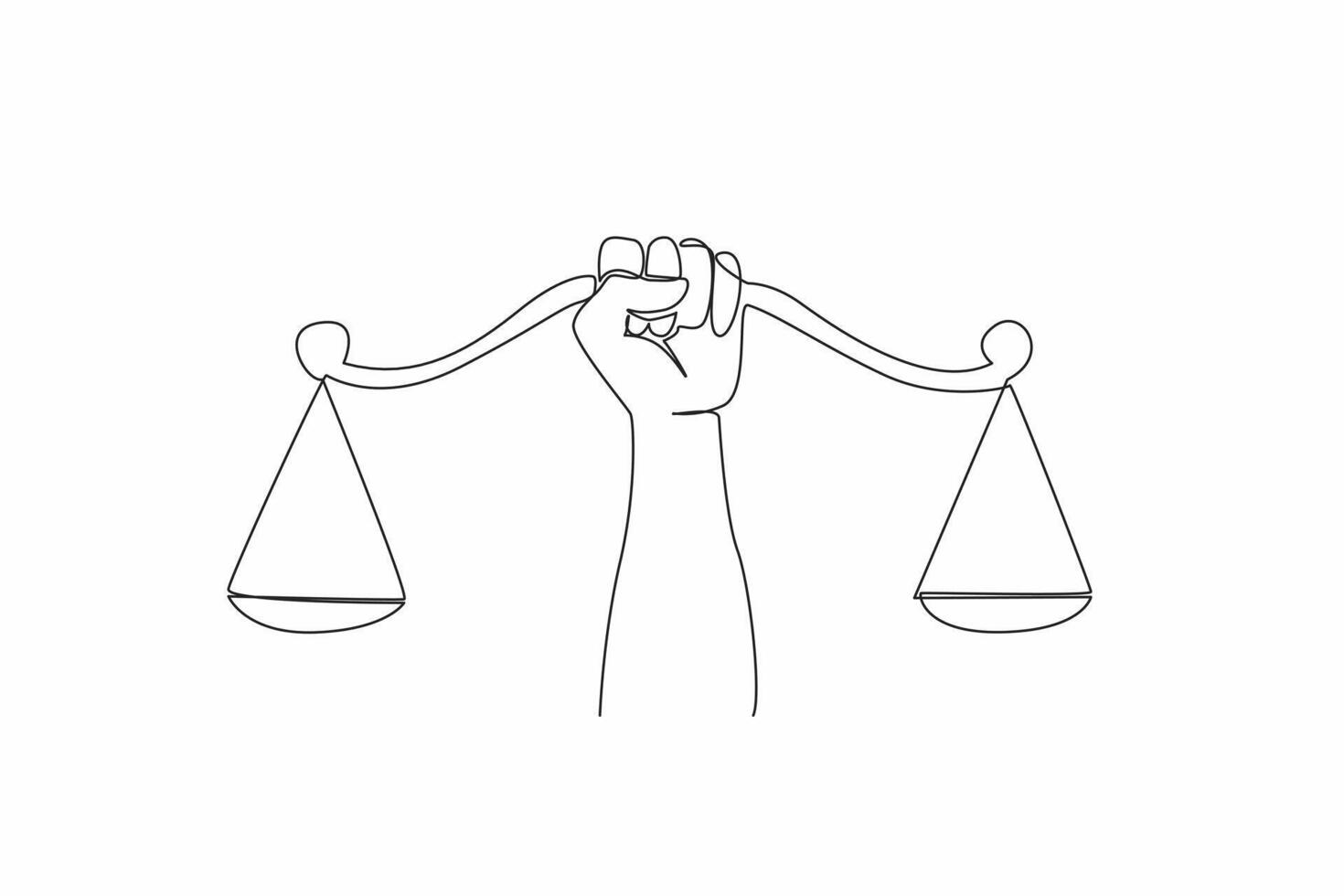 Continuous one line drawing hands gripping the center of the scale. Demanding a sense of justice. Social justice is a right for all people. Balance. Equal. Single line draw design illustration vector