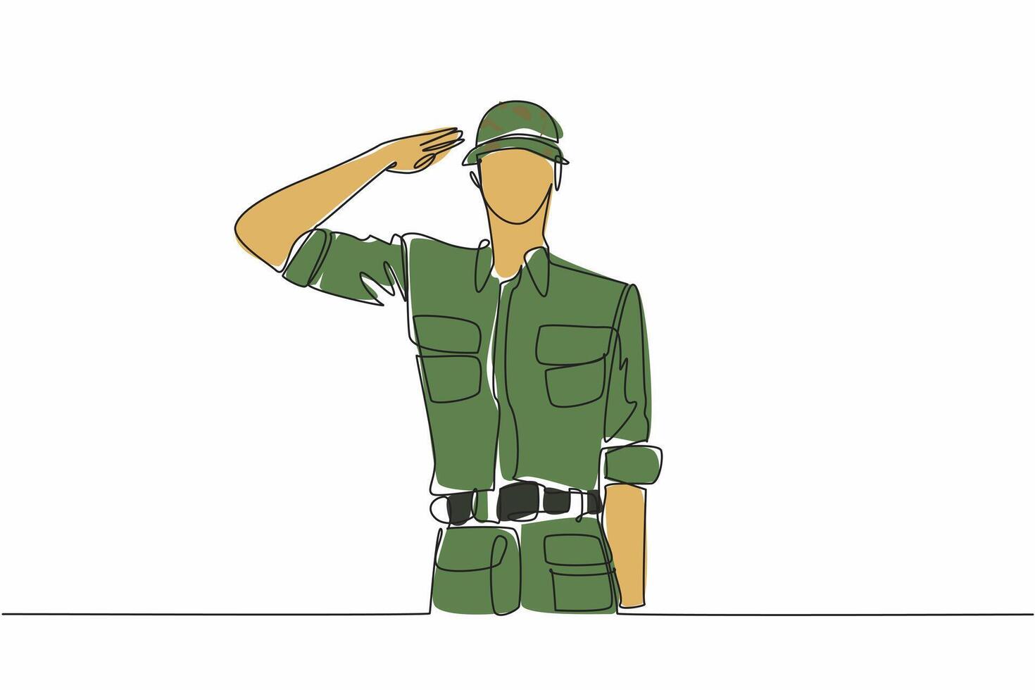 Single continuous line drawing soldiers salute while wearing helmets. Dedication of a soldier. Sacrifice of a soldier. Defending a nation. Vietnam War Veterans Day. One line design illustration vector