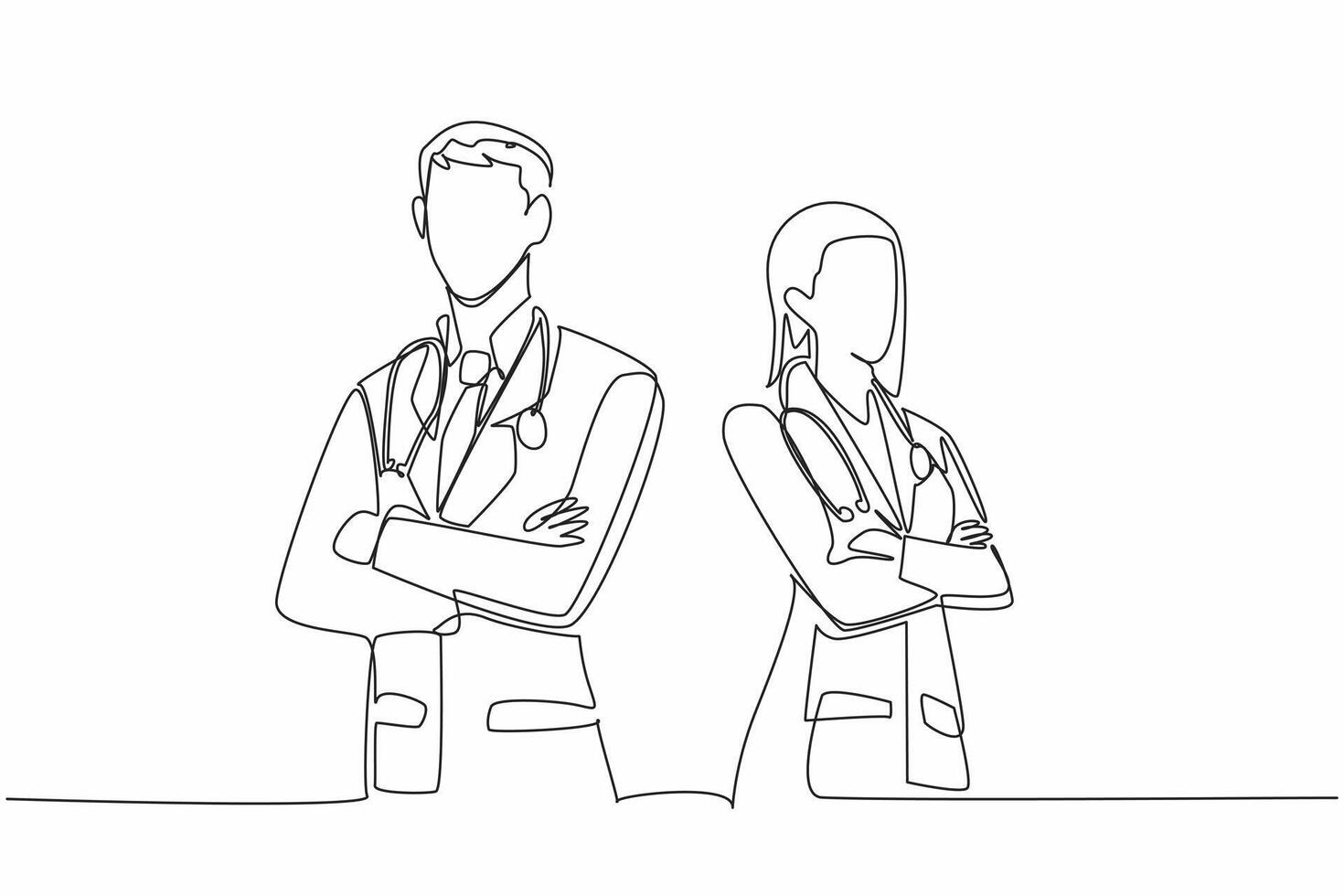 Continuous one line drawing male and female doctors pose with crossed arms with stethoscopes around necks. 24 hours standby. The national of doctor day. Single line draw design illustration vector