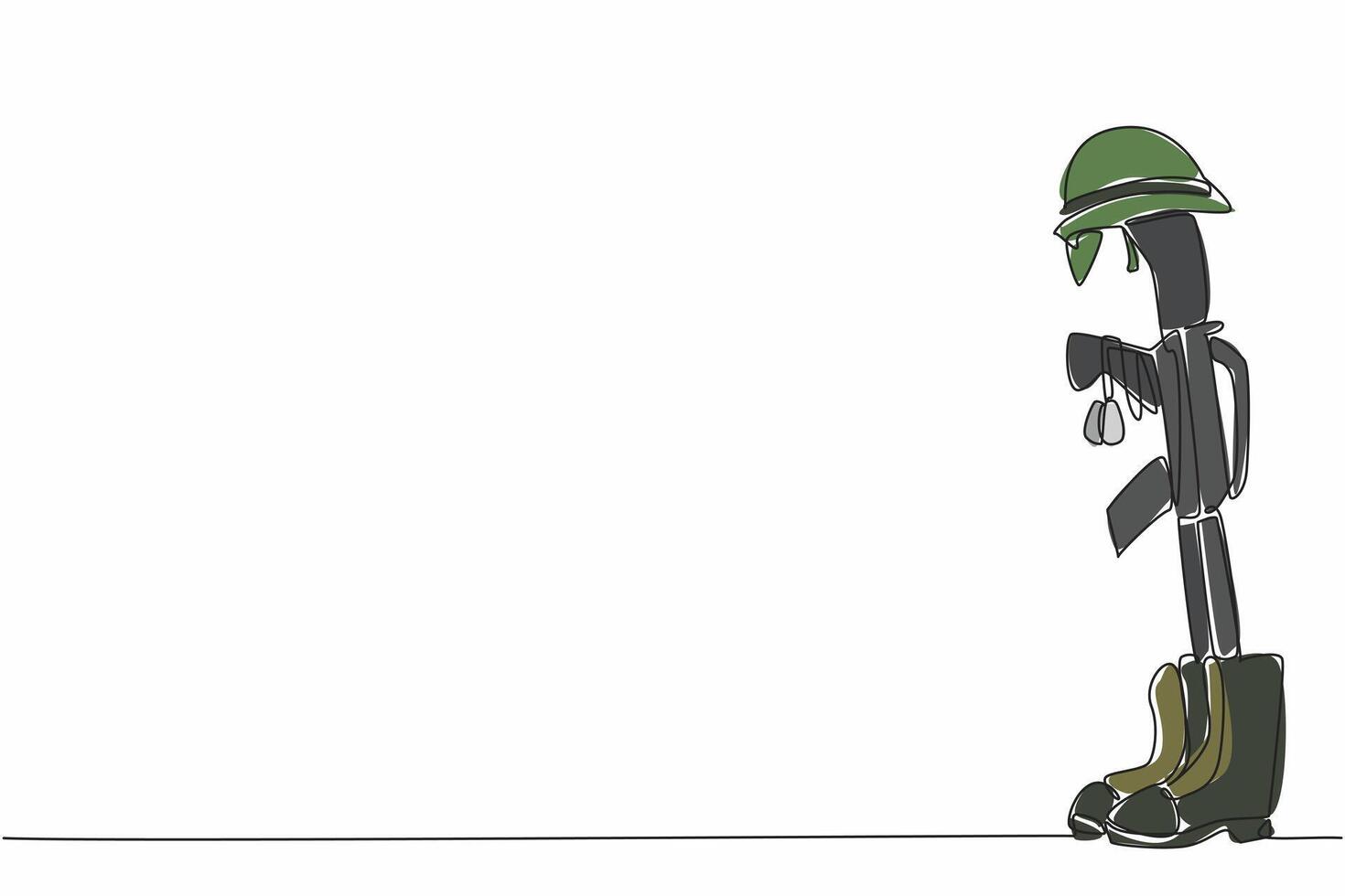 Single continuous line drawing combat equipment when fighting Vietnam. The sacrifice of soldiers. Remembrance and respect. Impact of war. Vietnam War Veterans Day. One line design illustration vector
