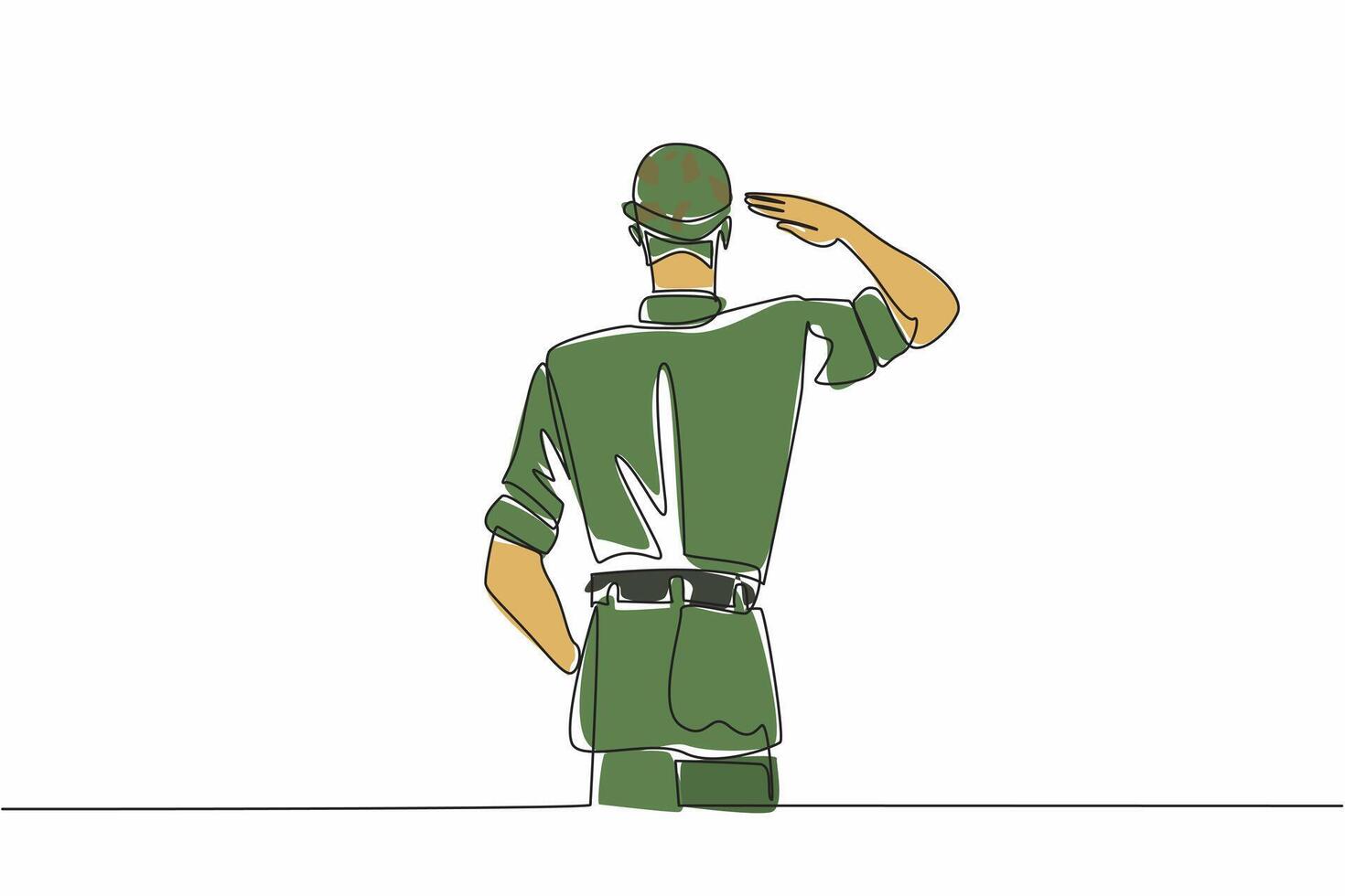 Single one line drawing rear view of soldier saluting wearing helmet, one hand clenched. Military service and dedication to duty. Vietnam War Veterans Day. Continuous line design graphic illustration vector