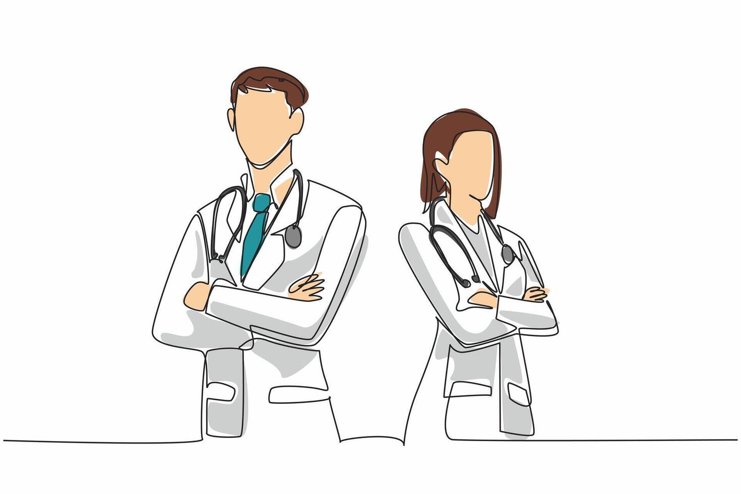 Continuous one line drawing male and female doctors pose with crossed arms with stethoscopes around necks. 24 hours standby. The national of doctor day. Single line draw design illustration vector