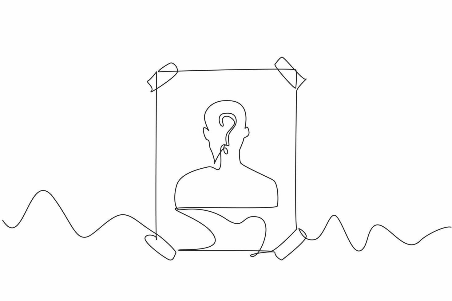 Single continuous line drawing the wanted people poster stuck on the wall. Odd. Strange. Curious. Staff member disappears without a trace. Seeking justice. Rights. One line design illustration vector