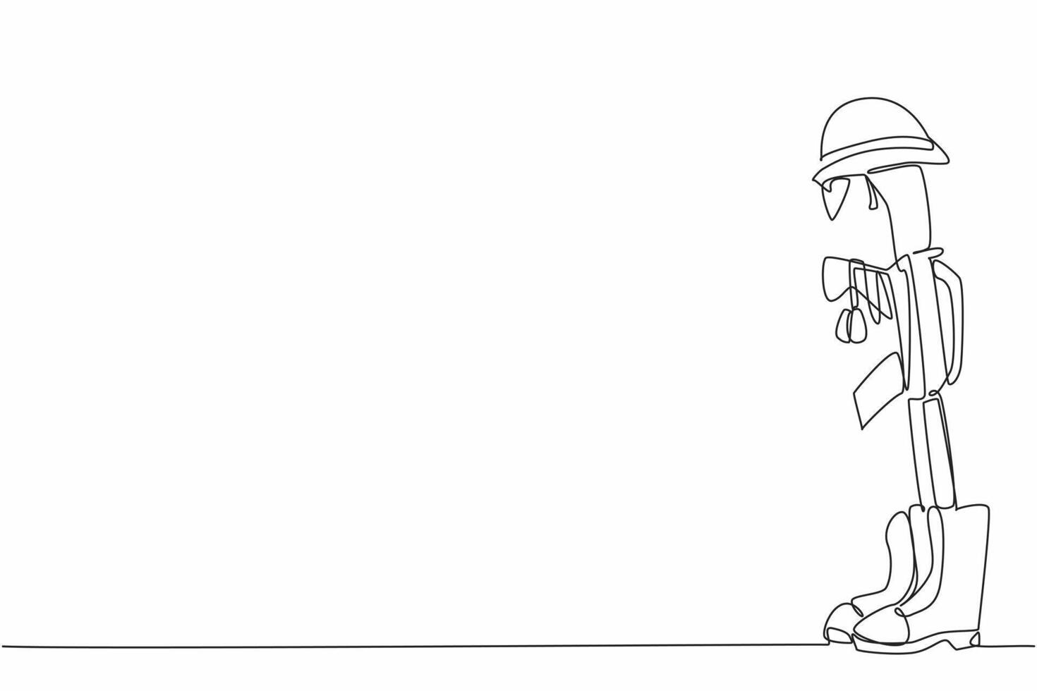 Single continuous line drawing combat equipment when fighting Vietnam. The sacrifice of soldiers. Remembrance and respect. Impact of war. Vietnam War Veterans Day. One line design illustration vector