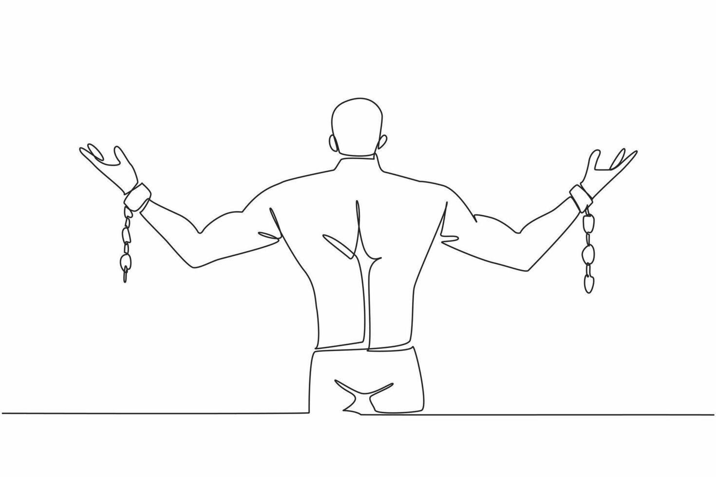 Single one line drawing a muscular man spreads his arms which are bound with broken chains. Free. Independent. Escape. Inhumane slavery. Bondage. Rights. Continuous line design graphic illustration vector