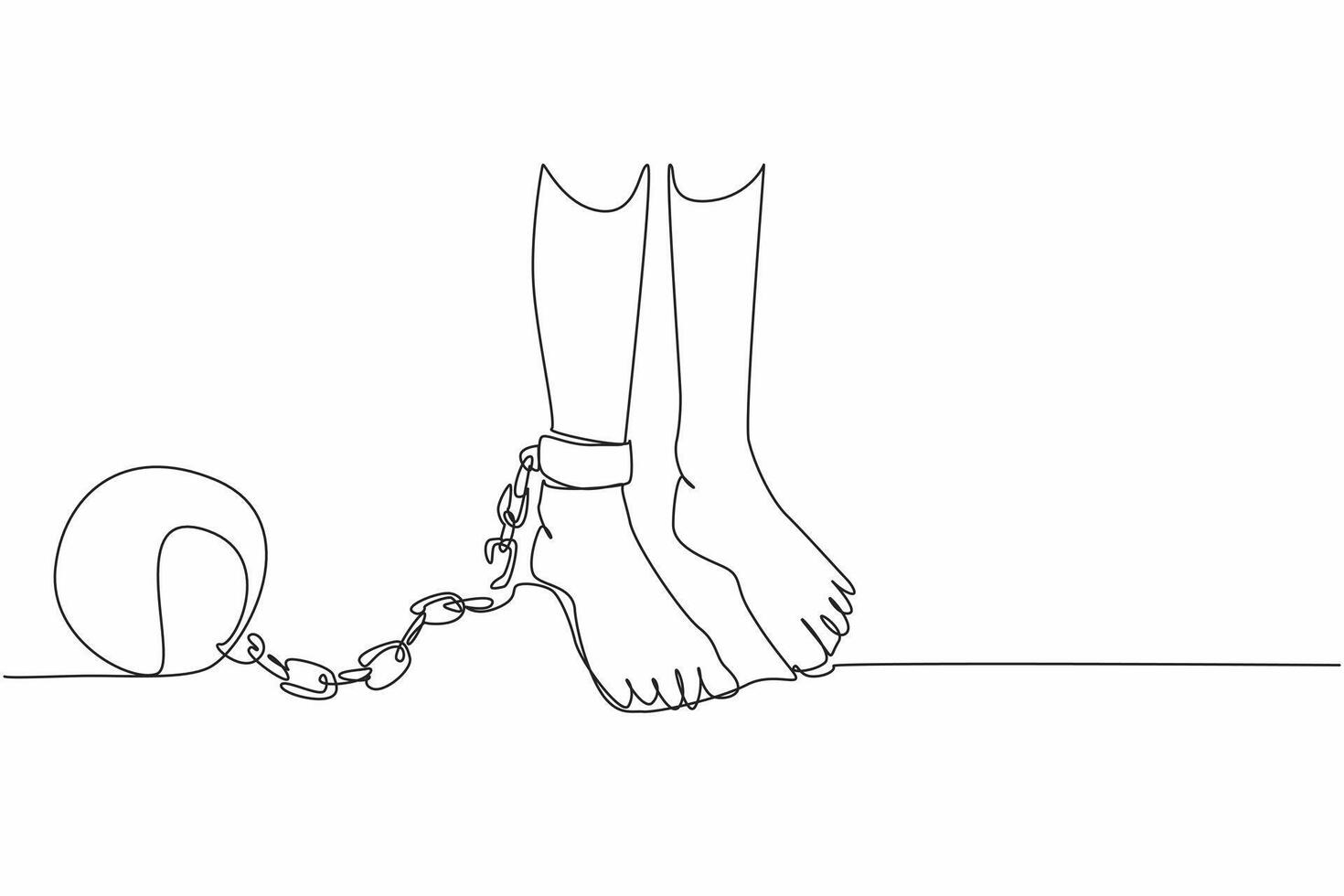 Single continuous line drawing feet shackled by metal prison ball chains whose chains are broken. Bitter memories of dark times. Human rights are not fulfilled. One line design illustration vector