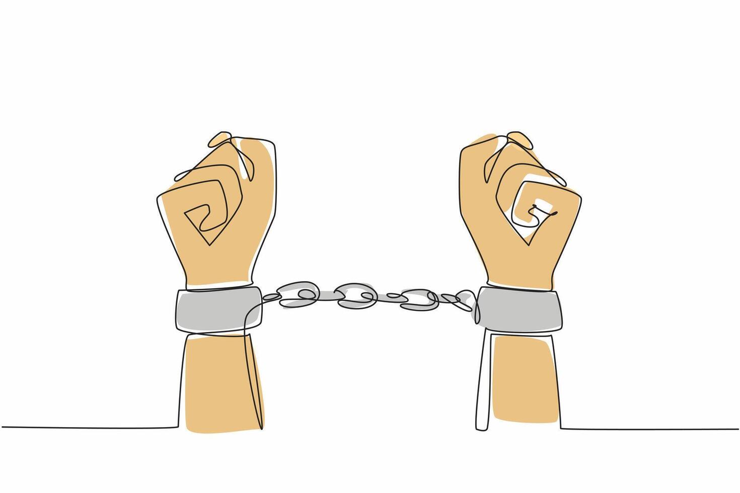 Single one line drawing two clenched hands chained together. The tragedy of slavery must not be repeated. Destroys the basic right to live in peace. Symbol. Continuous line design graphic illustration vector