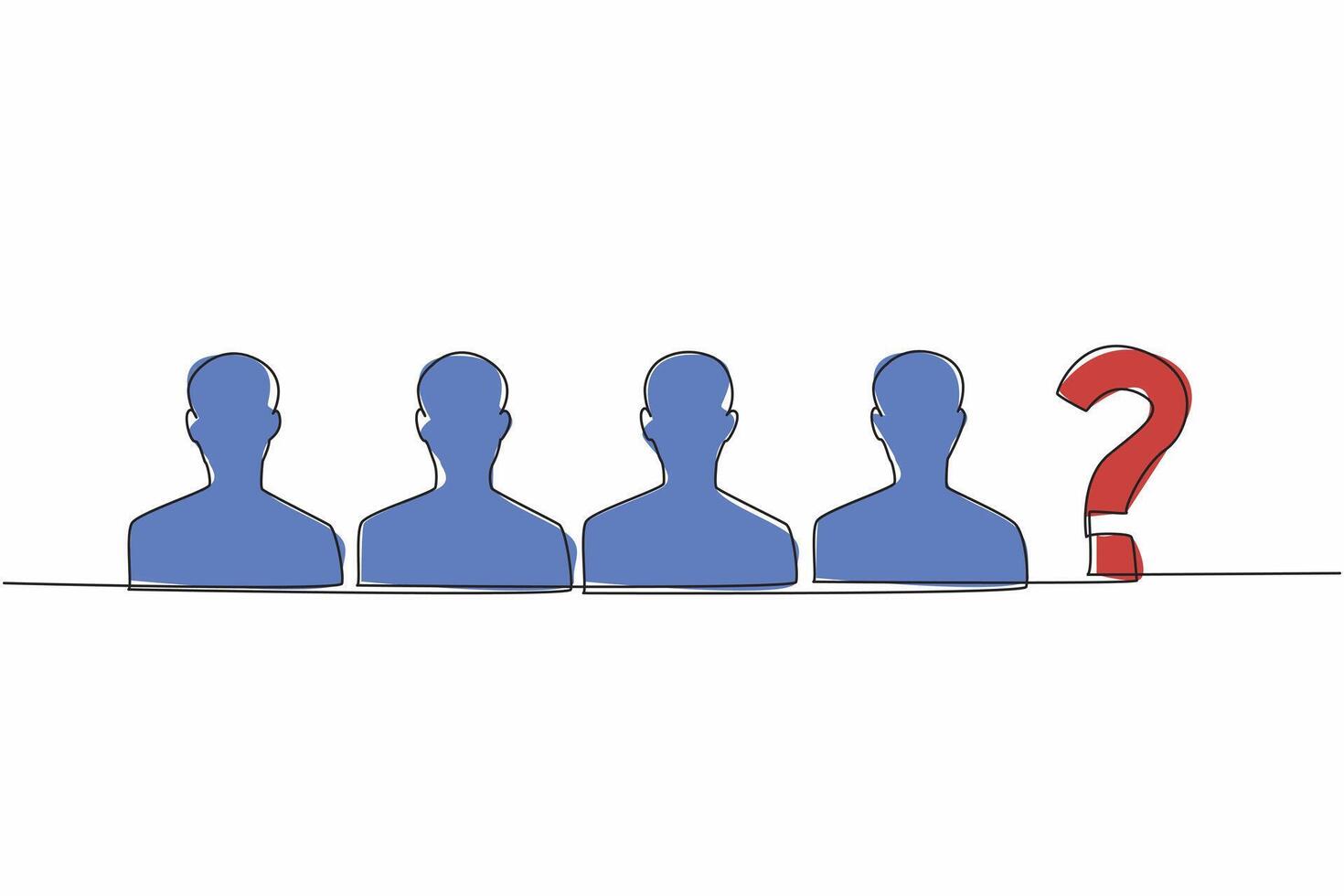 Single continuous line drawing four silhouettes of people and one question mark. Missing staff. Missing member. Missing family. Disappeared and not yet found. One line design illustration vector