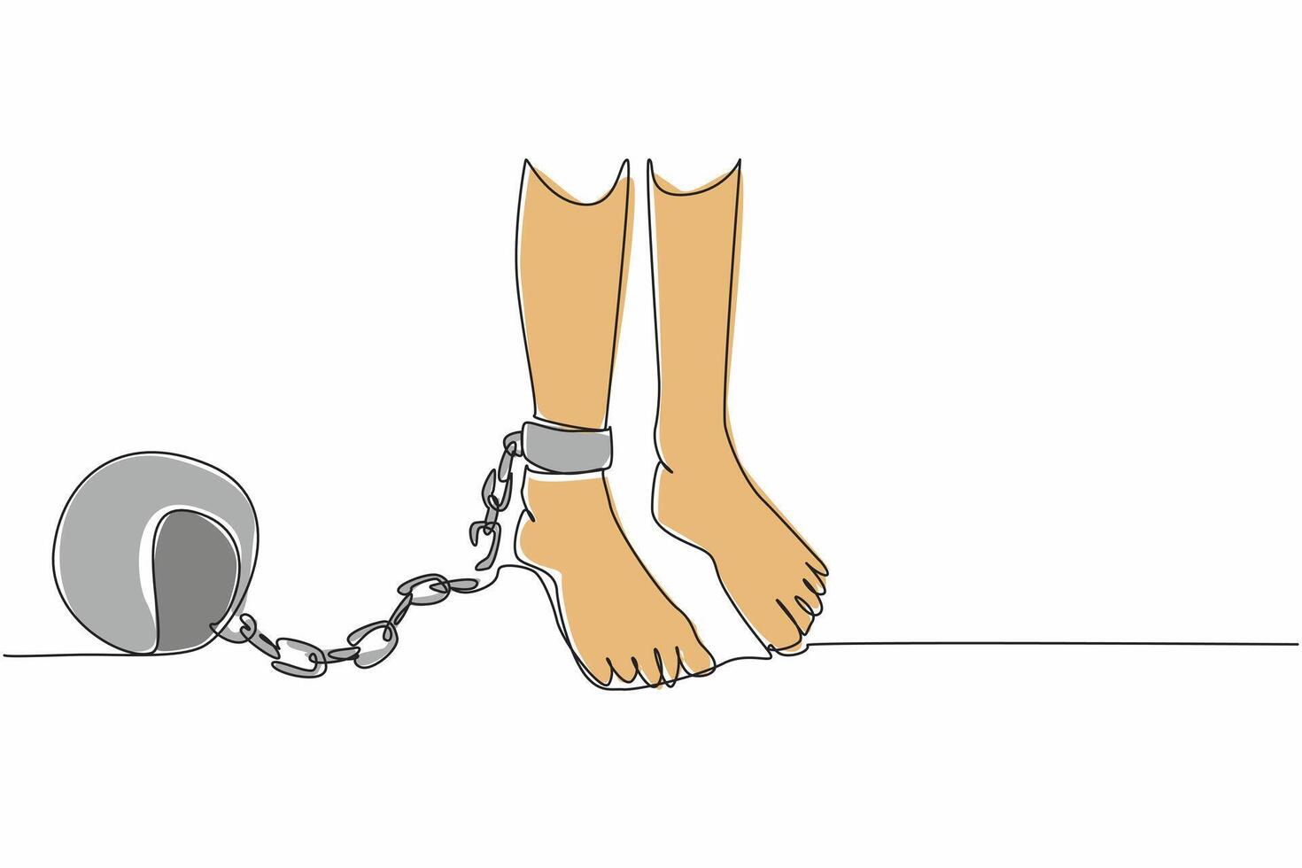 Single continuous line drawing feet shackled by metal prison ball chains whose chains are broken. Bitter memories of dark times. Human rights are not fulfilled. One line design illustration vector