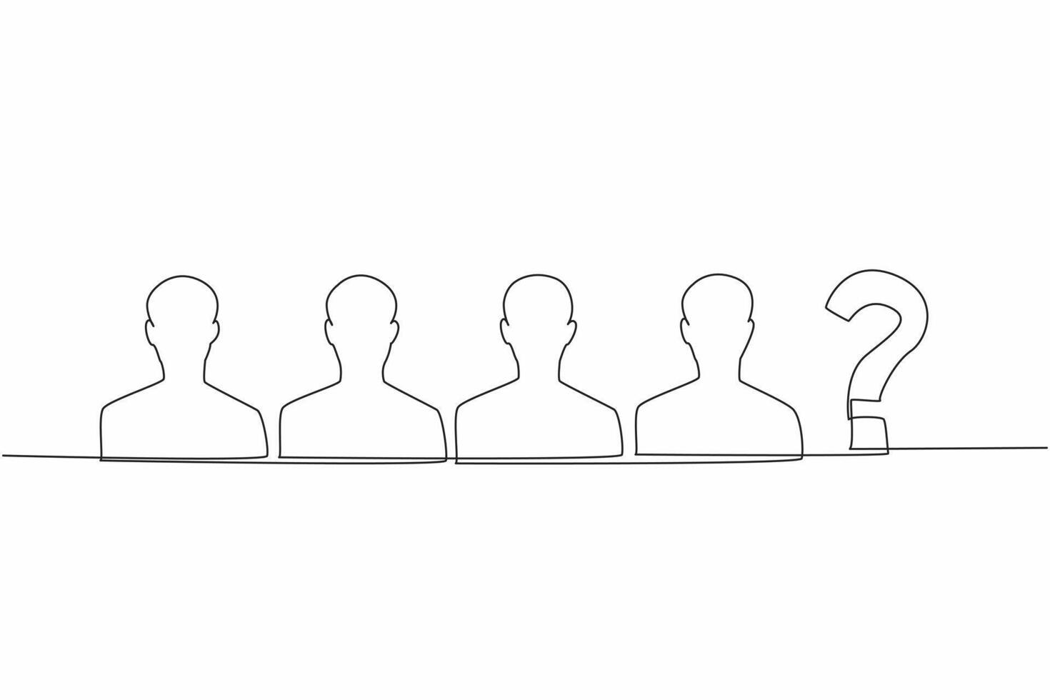 Single continuous line drawing four silhouettes of people and one question mark. Missing staff. Missing member. Missing family. Disappeared and not yet found. One line design illustration vector