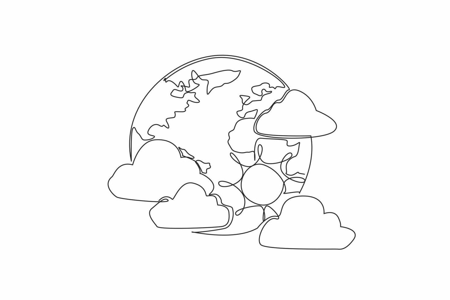 Single one line drawing the globe surrounded by several clouds and the sun. Experts predict the rainy season has not yet arrived. World Meteorological Day. Continuous line design graphic illustration vector