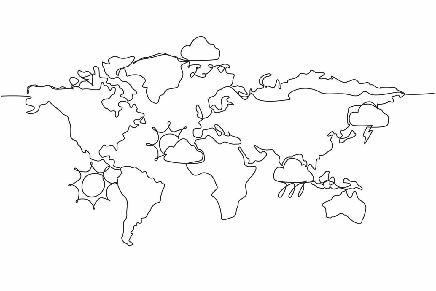Single one line drawing world map in various regions with many weather prediction icons. Meteorologists predict for next few days. World Meteorological Day. Continuous line design graphic illustration vector
