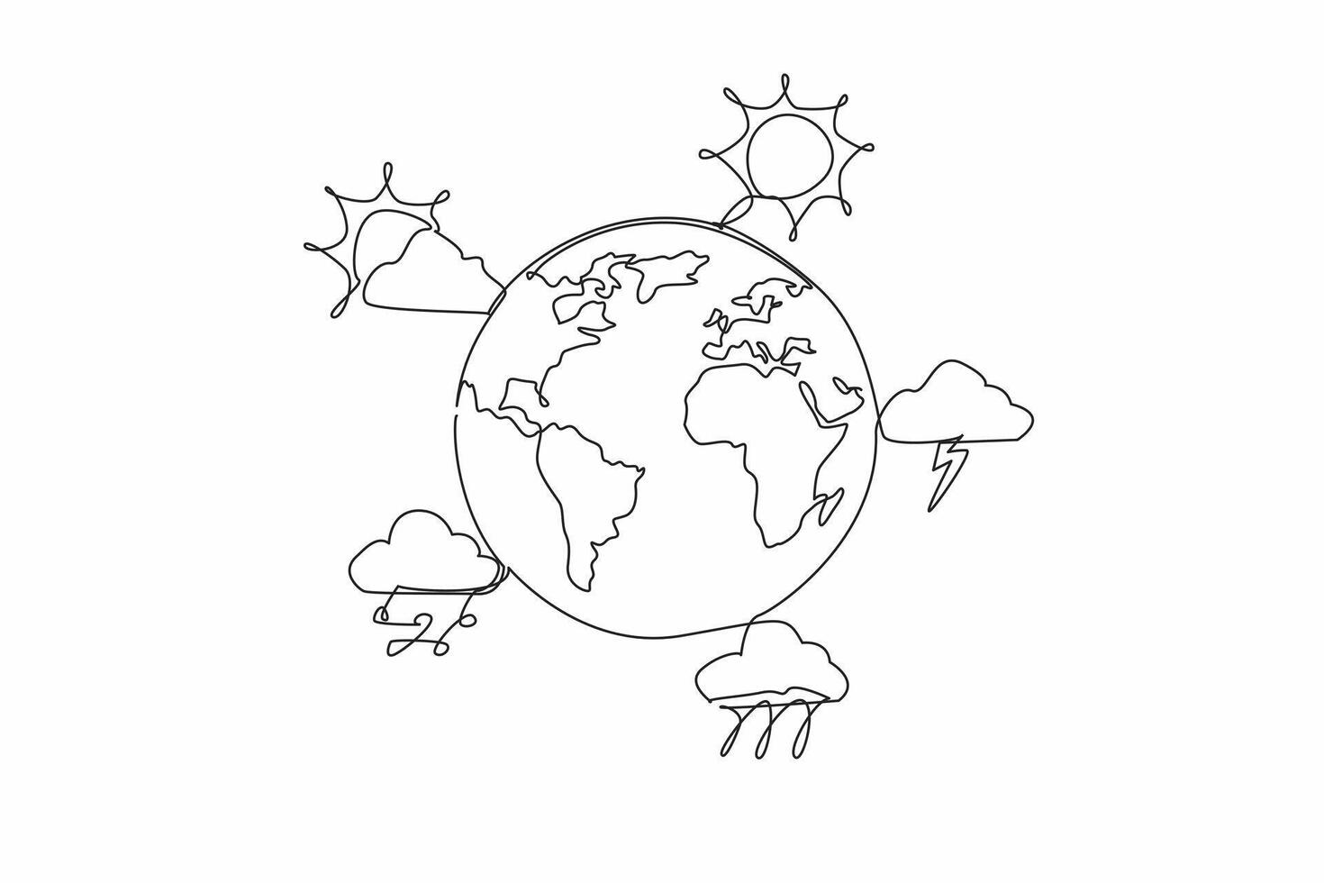 Continuous one line drawing globe surround by five weather forecast icons. Monitoring. Preparation before outdoor activities. World Meteorological Day. Single line draw design illustration vector